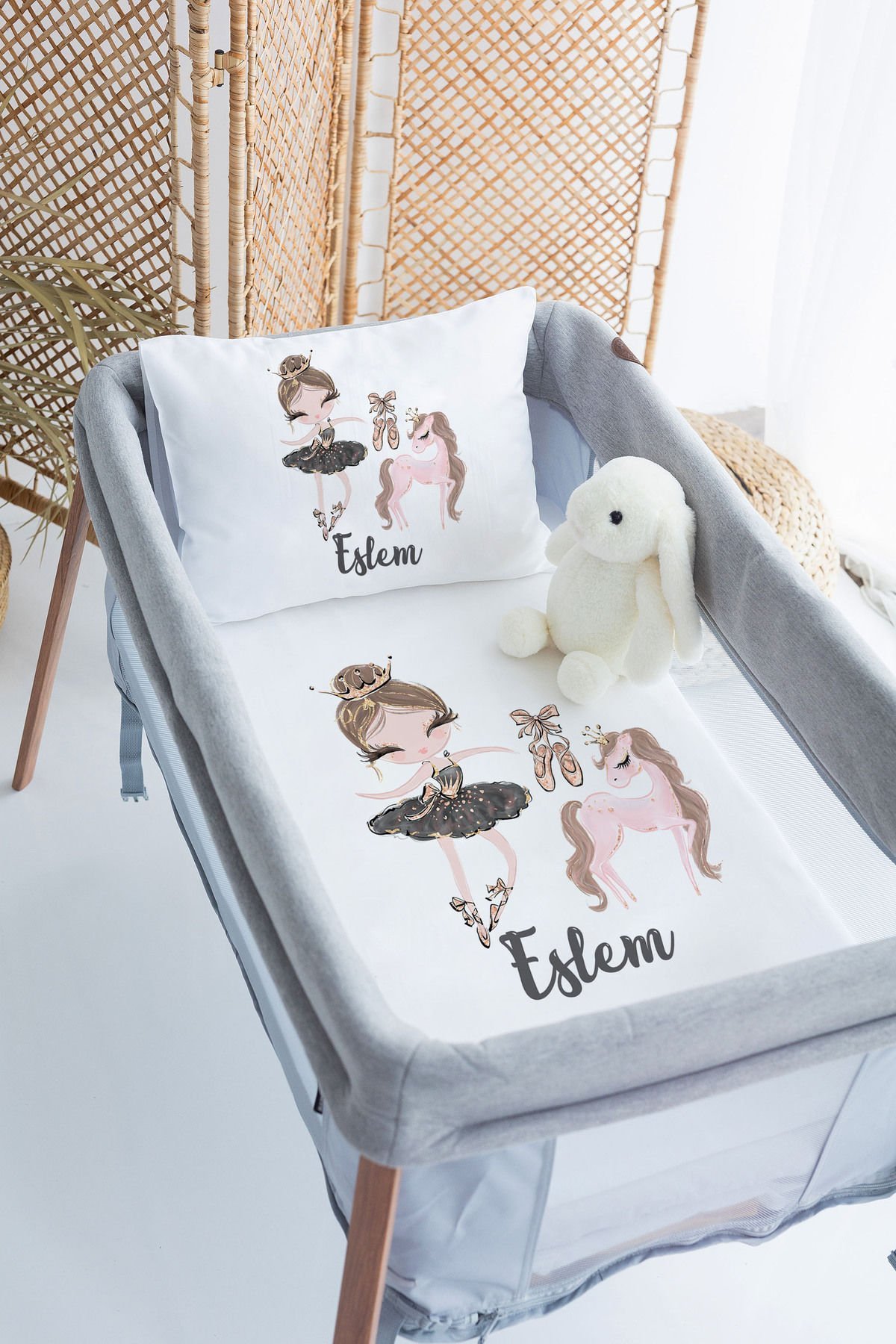%100 Delux Pamuk İsme Özel 70x120 Park Yatak Nevresim Takımı Balerin