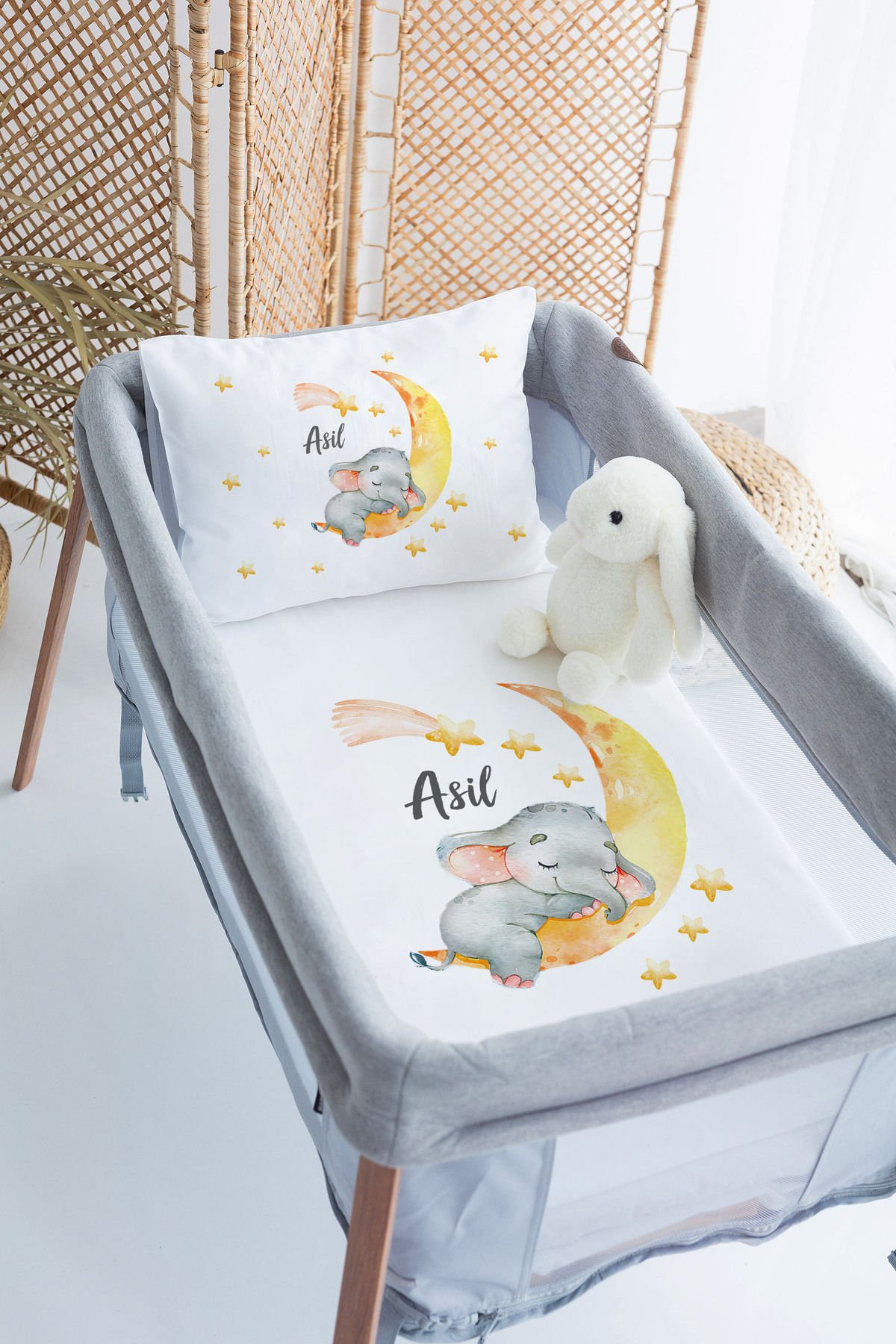 %100 Delux Pamuk İsme Özel 70x120 Park Yatak Nevresim Takımı Fil