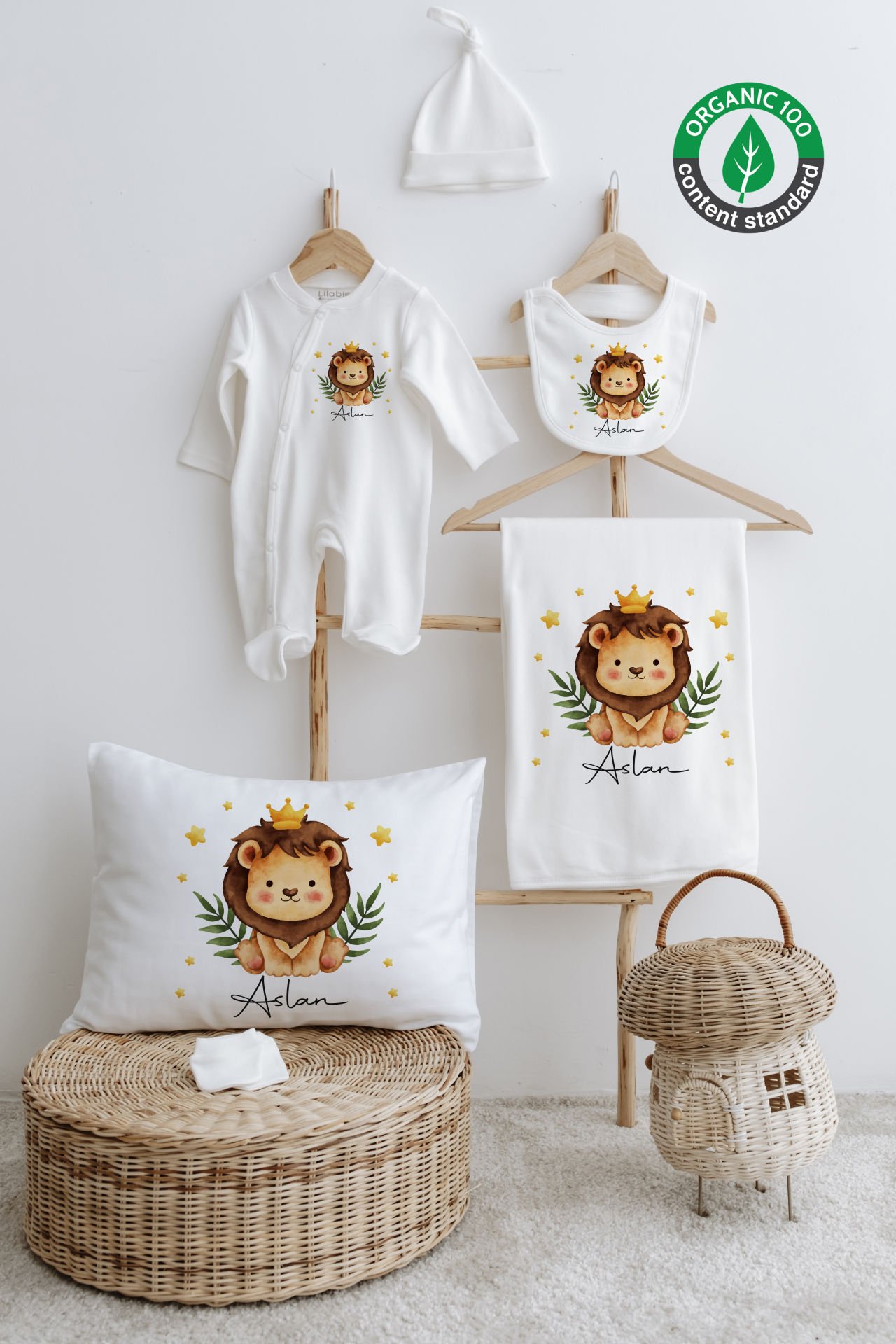 %100 Organik İsme Özel 6lı Hastane Çıkışı Tulum Set Aslan