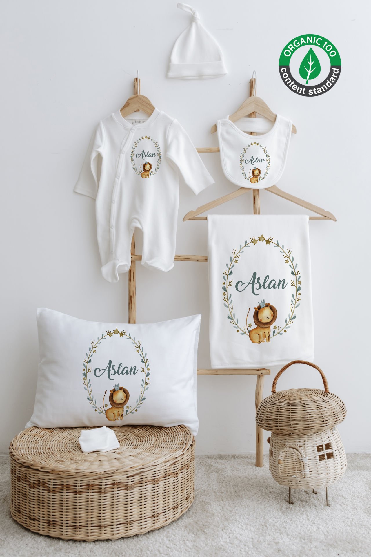 %100 Organik İsme Özel 6lı Hastane Çıkışı Tulum Set Aslan