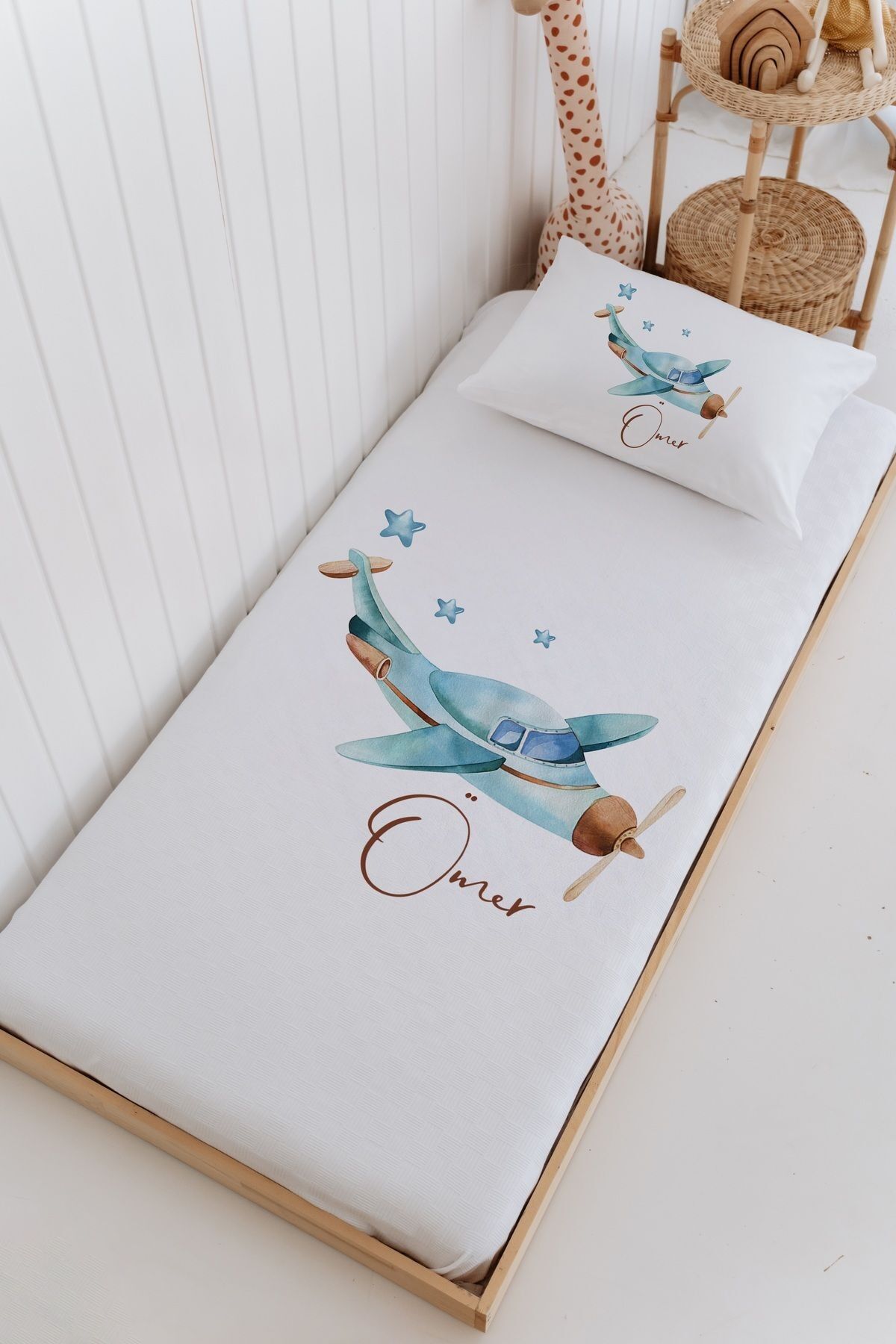 İsme Özel %100 Pamuk Bebek Ve Çocuk Tek Kişilik 165 X 225 Cm Pike Takımı-Uçak