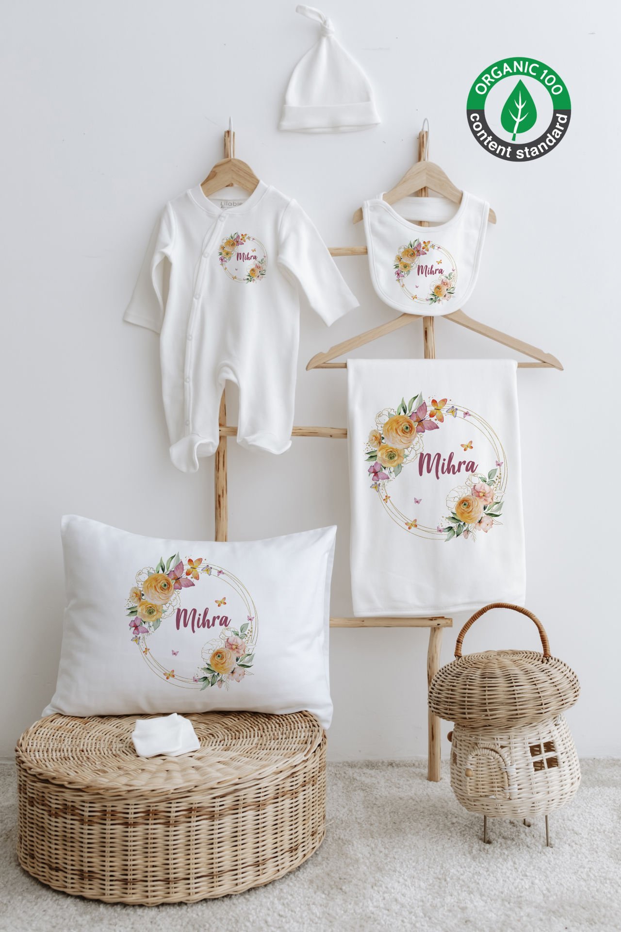 %100 Organik İsme Özel 6lı Hastane Çıkışı Tulum Set Çiçek