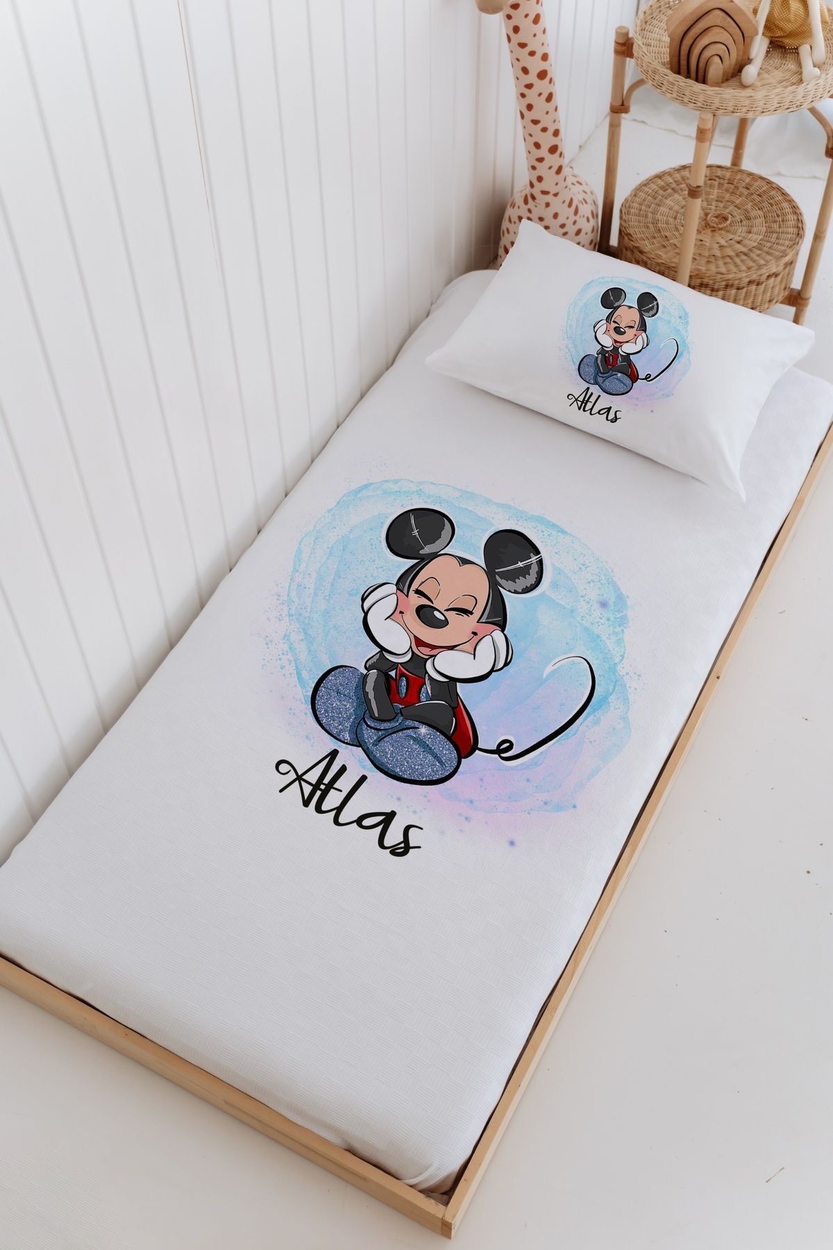 İsme Özel %100 Pamuk Bebek Ve Çocuk Tek Kişilik 165 X 225 Cm Pike Takımı-Mickey Mouse