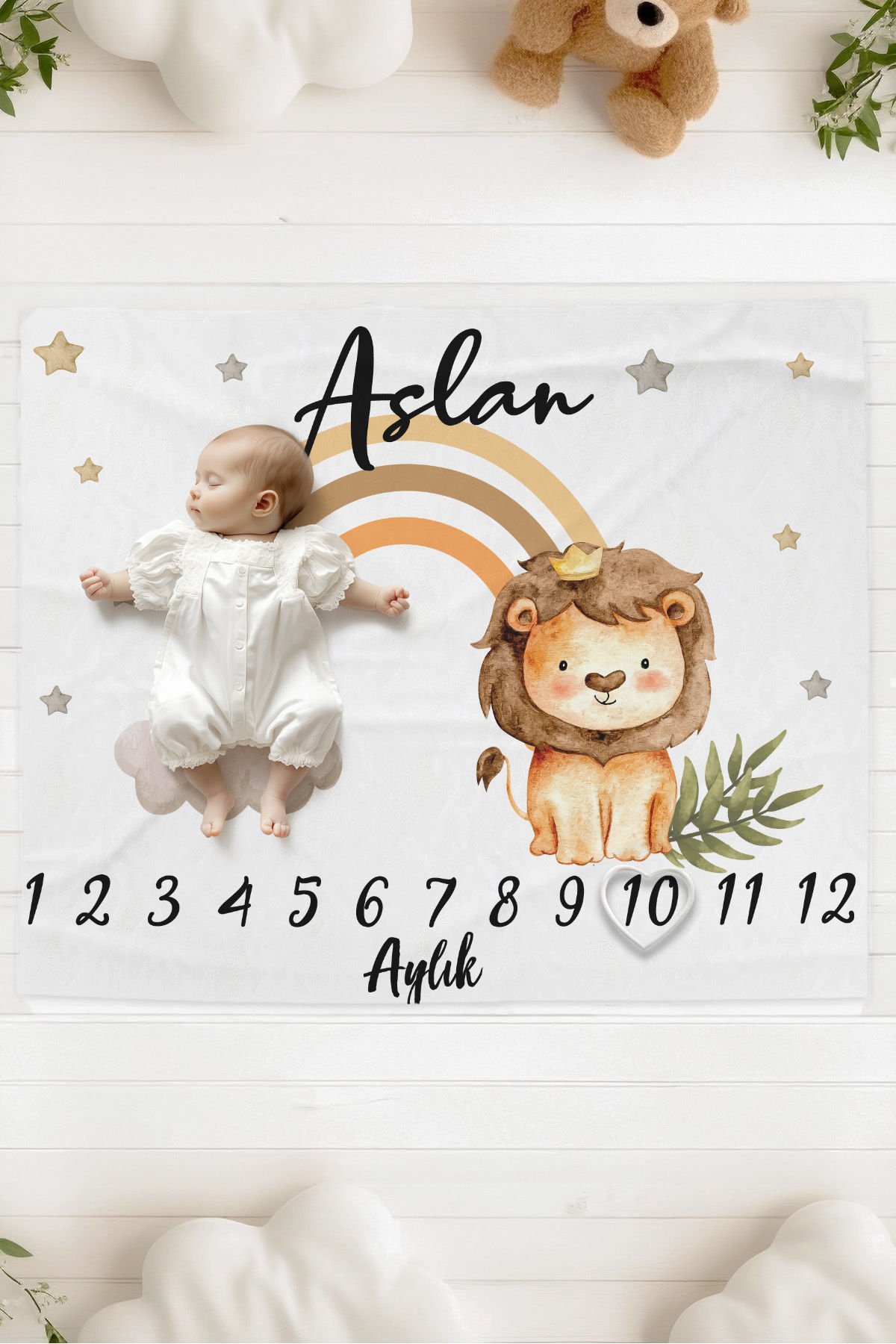 %100 Pamuk İsme Özel Bebek Fotoğraf Çekim Anı Örtüsü (120x100 cm) Gökkuşağı ve Aslan