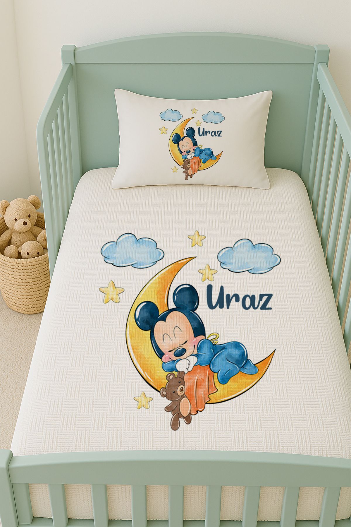 %100 Pamuk İsme Özel İsimli 100x150 cm Pike Seti Ayda Uyuyan Mickey