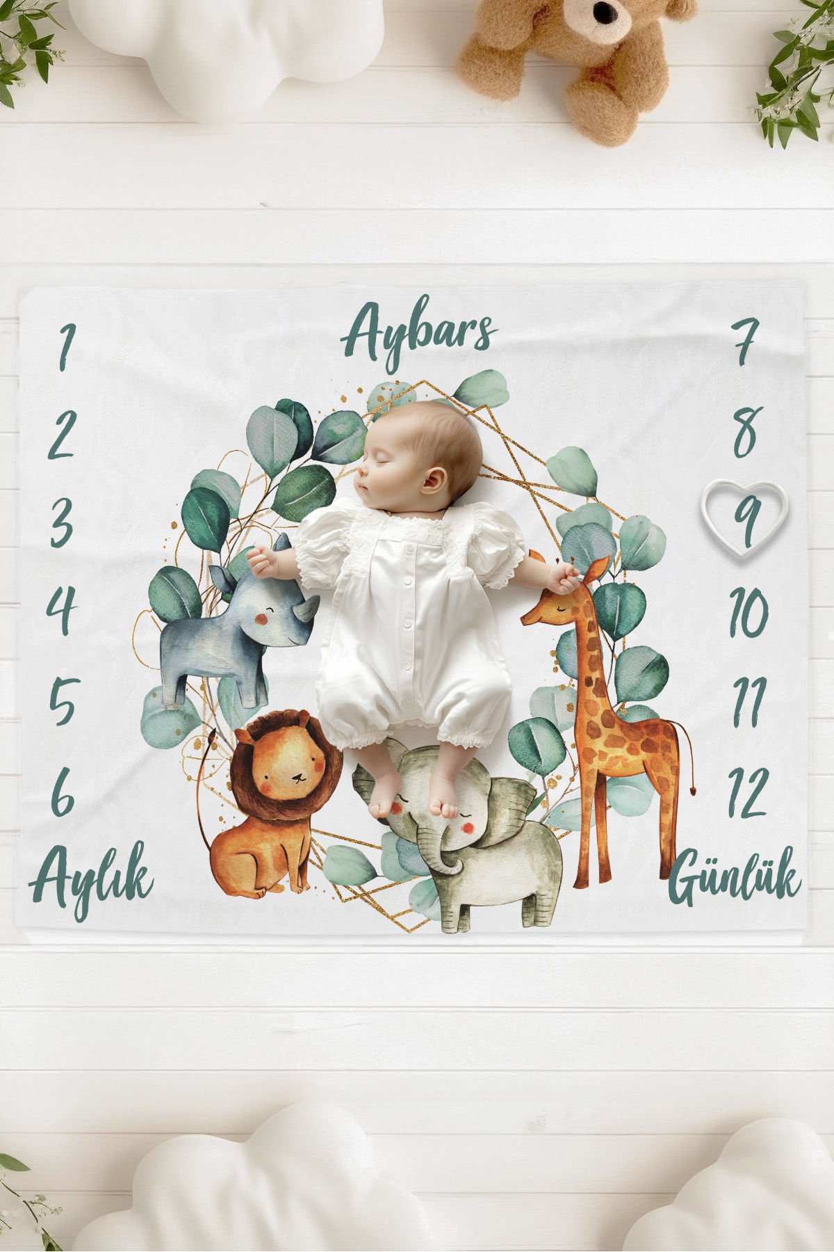 %100 Pamuk İsme Özel Bebek Fotoğraf Çekim Anı Örtüsü (120x100 cm) Safari