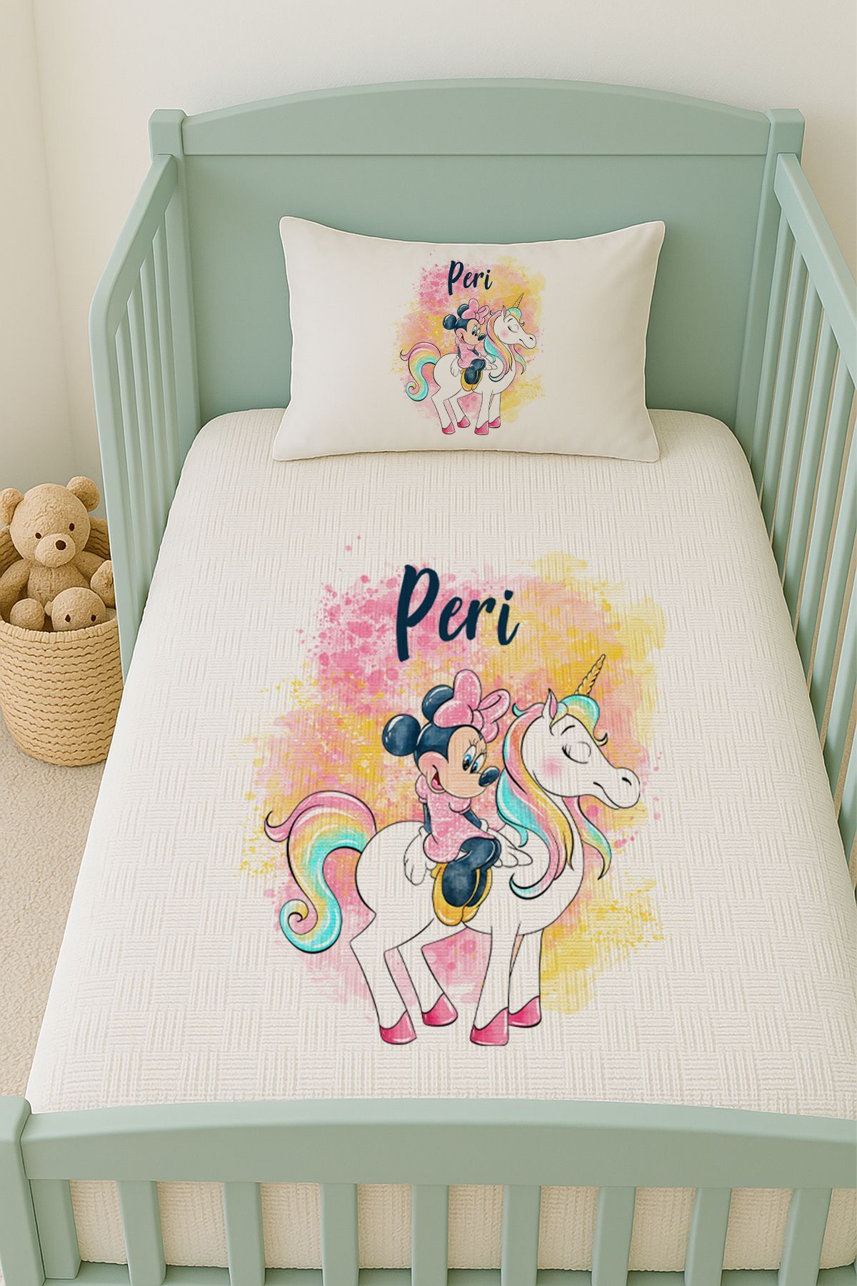 %100 Pamuk İsme Özel İsimli 100x150 cm Pike Seti Unicorn ve Minnie