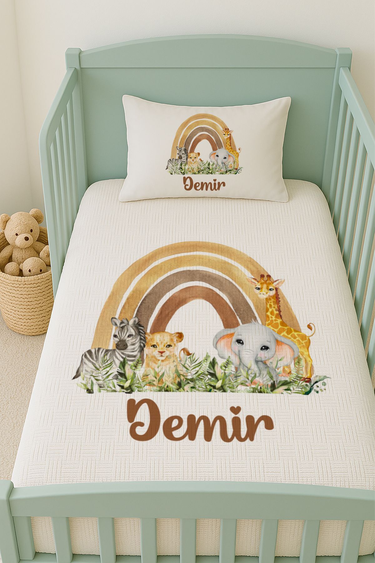 %100 Pamuk İsme Özel İsimli 100x150 cm Pike Seti Gökkuşağı Safari