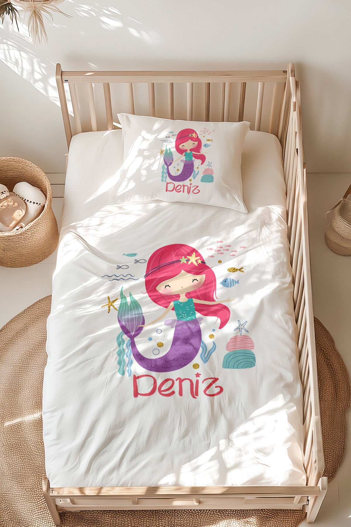 %100 Pamuk İsme Özel Montessori Yatak Nevresim Takımı (100x200 cm) Denizkızı