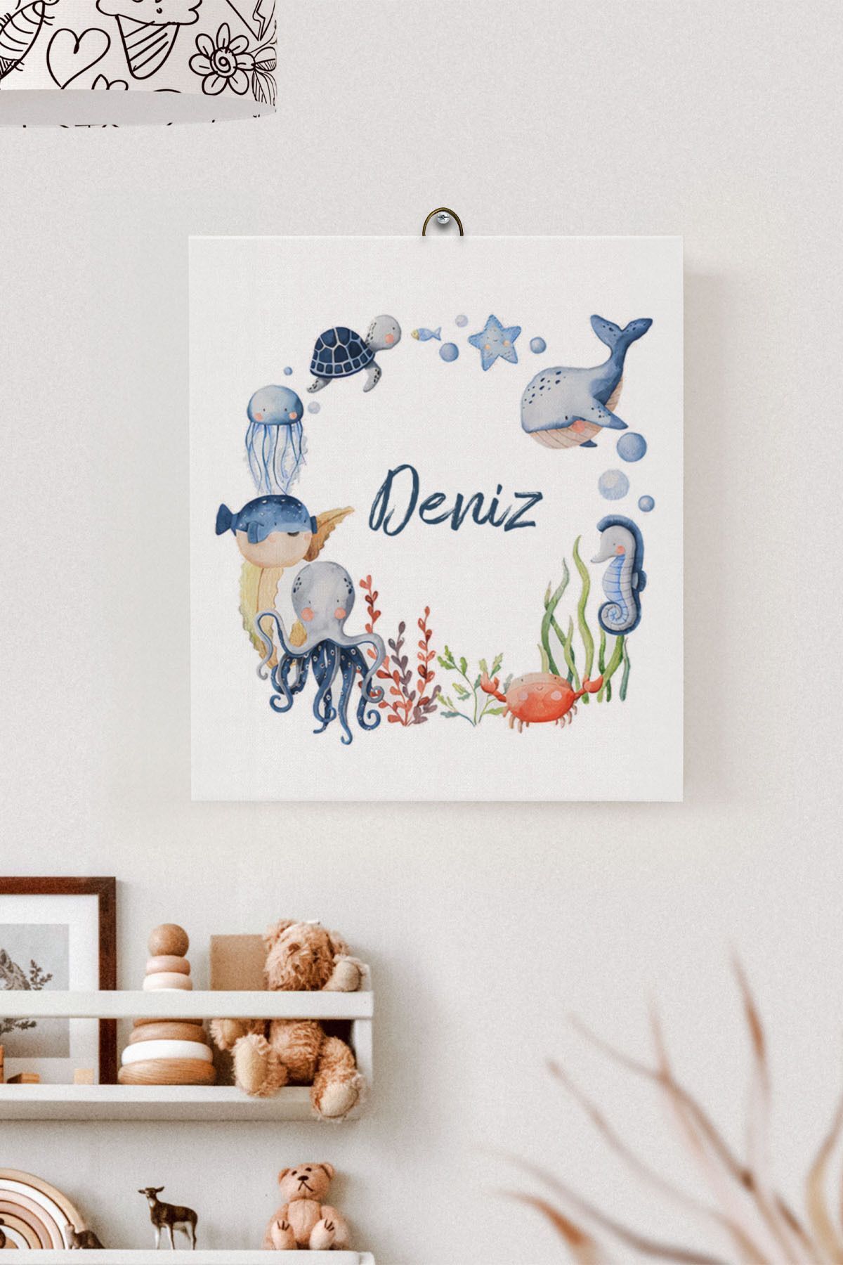 İsme Özel Çocuk Odası Kanvas Tablo Deniz Canlıları (17x21 Cm)
