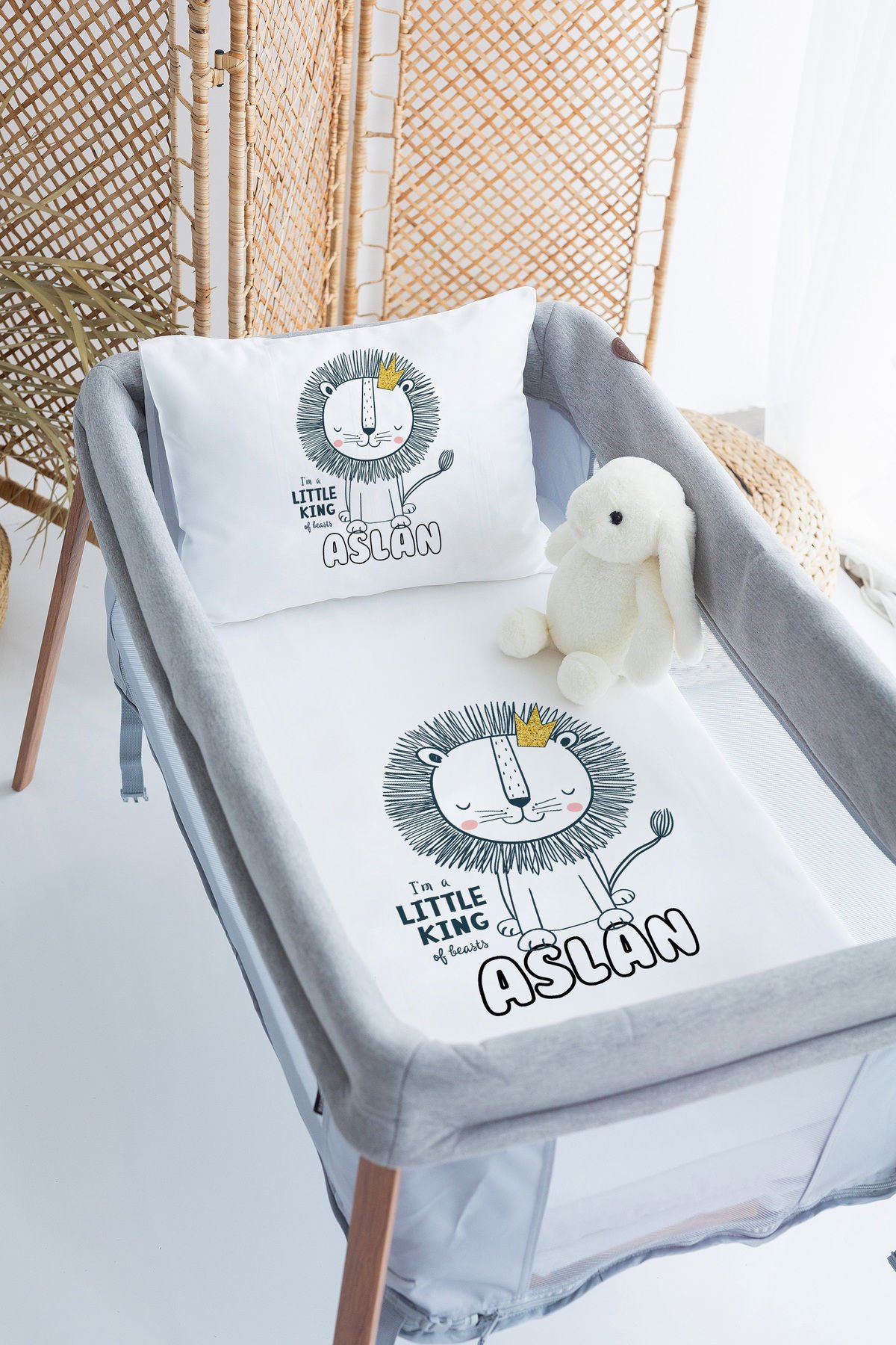 %100 Delux Pamuk İsme Özel 70x120 Park Yatak Nevresim Takımı Aslan