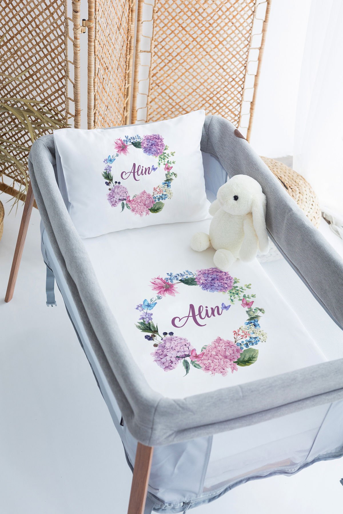 %100 Delux Pamuk İsme Özel 70x120 Park Yatak Nevresim Takımı Çiçek