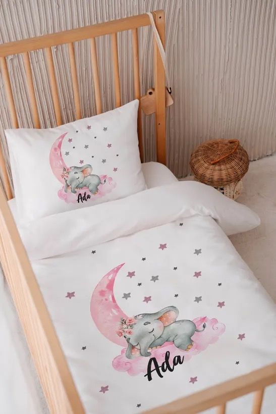 %100 Pamuk Saten İsme Özel 100x150 Bebek Yatak Nevresim Seti Fil