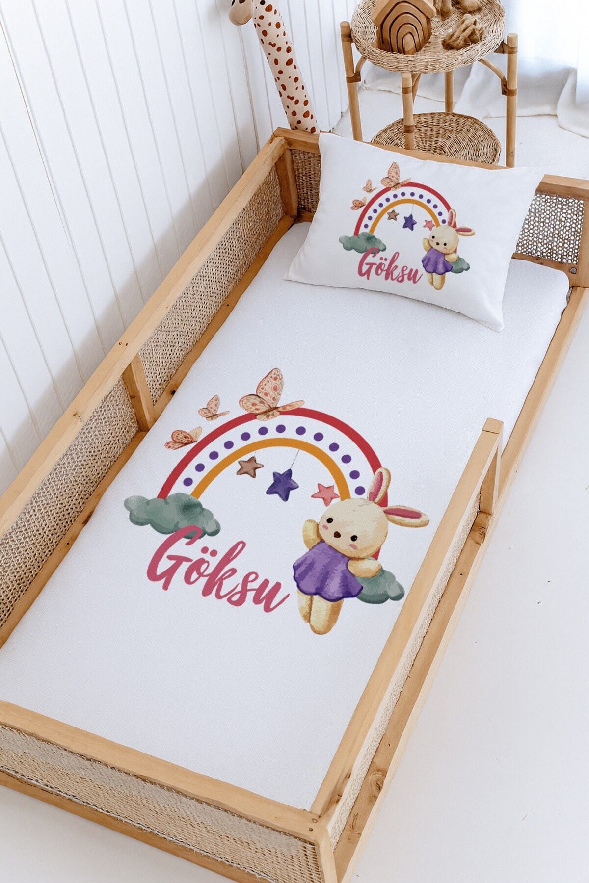 %100 Pamuk İsme Özel Montessori Yatak Pike Seti 100x200 Gökkuşağı Tavşan