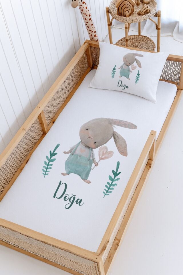 %100 Pamuk İsme Özel Montessori Yatak Pike Seti 100x200 Yeşil Tavşan