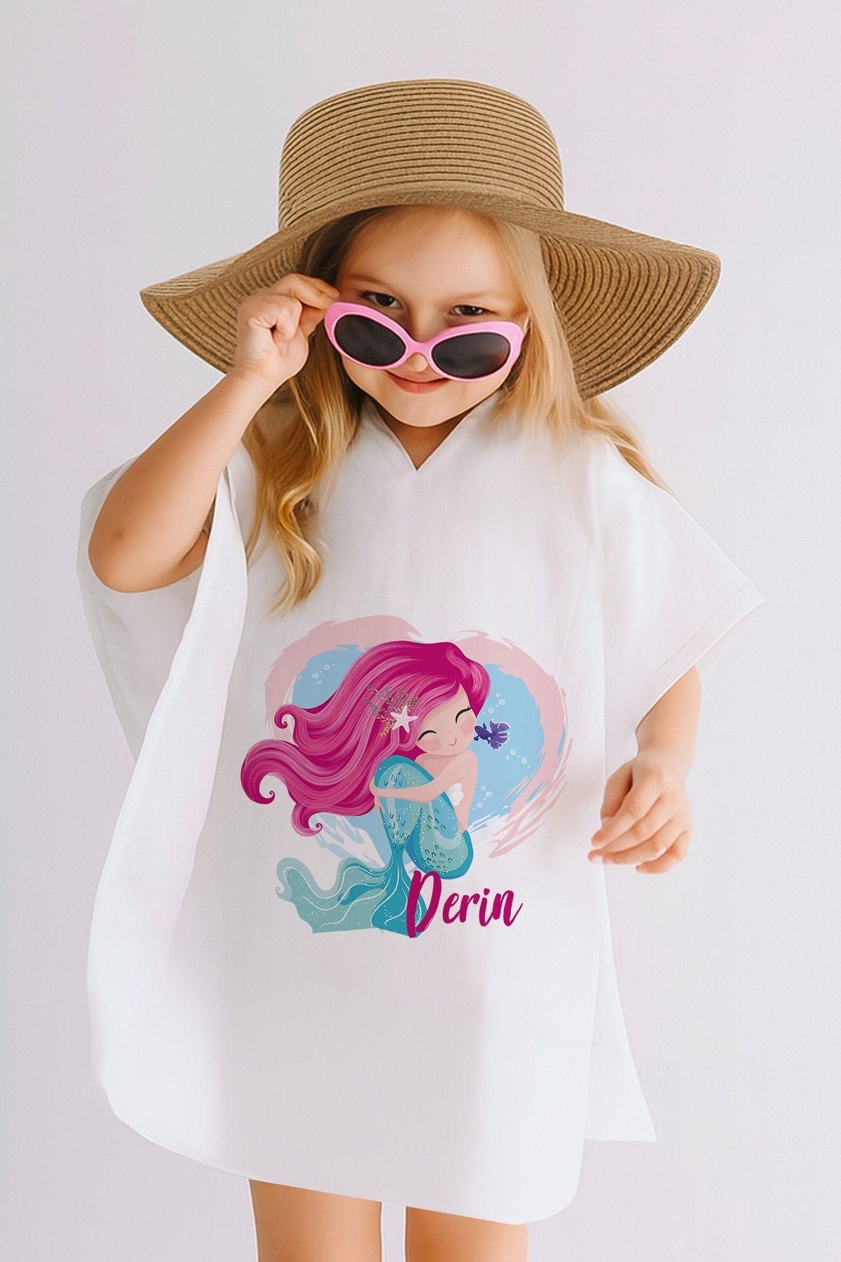 İsme Özel %100 Pamuk Müslin Kapüşonlu Kız Çocuk Panço Bornoz Deniz Kızı