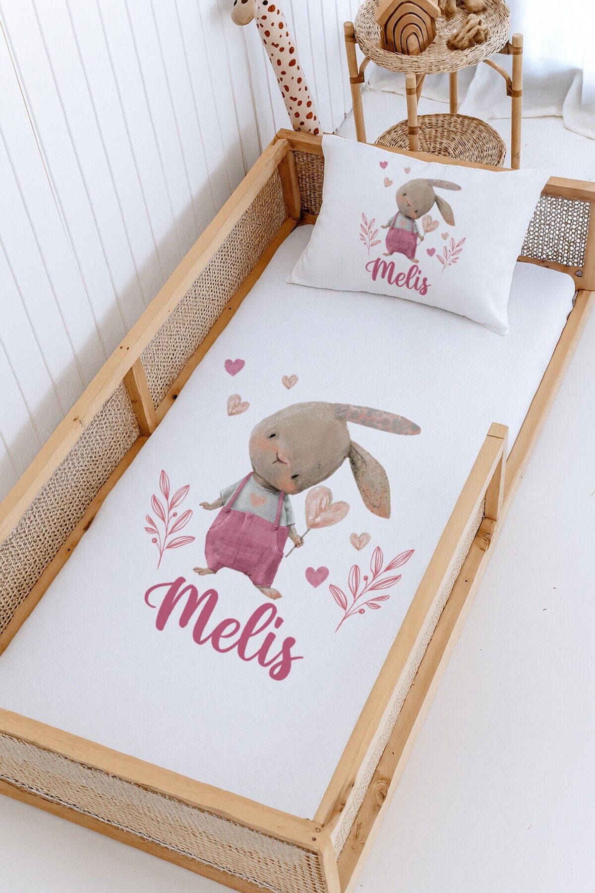 %100 Pamuk İsme Özel Montessori Yatak Pike Seti 100x200 Pembe Tavşan