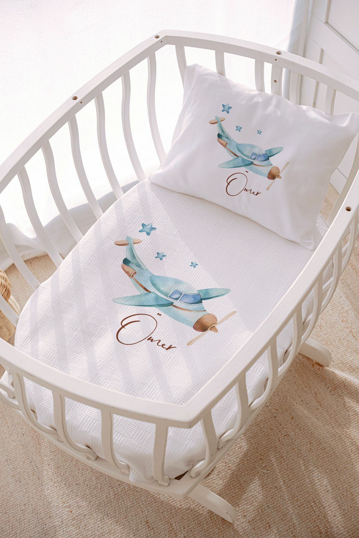 İsme Özel Park Yatak ve Anne Yanı Pike Seti (70x120 cm) Uçak