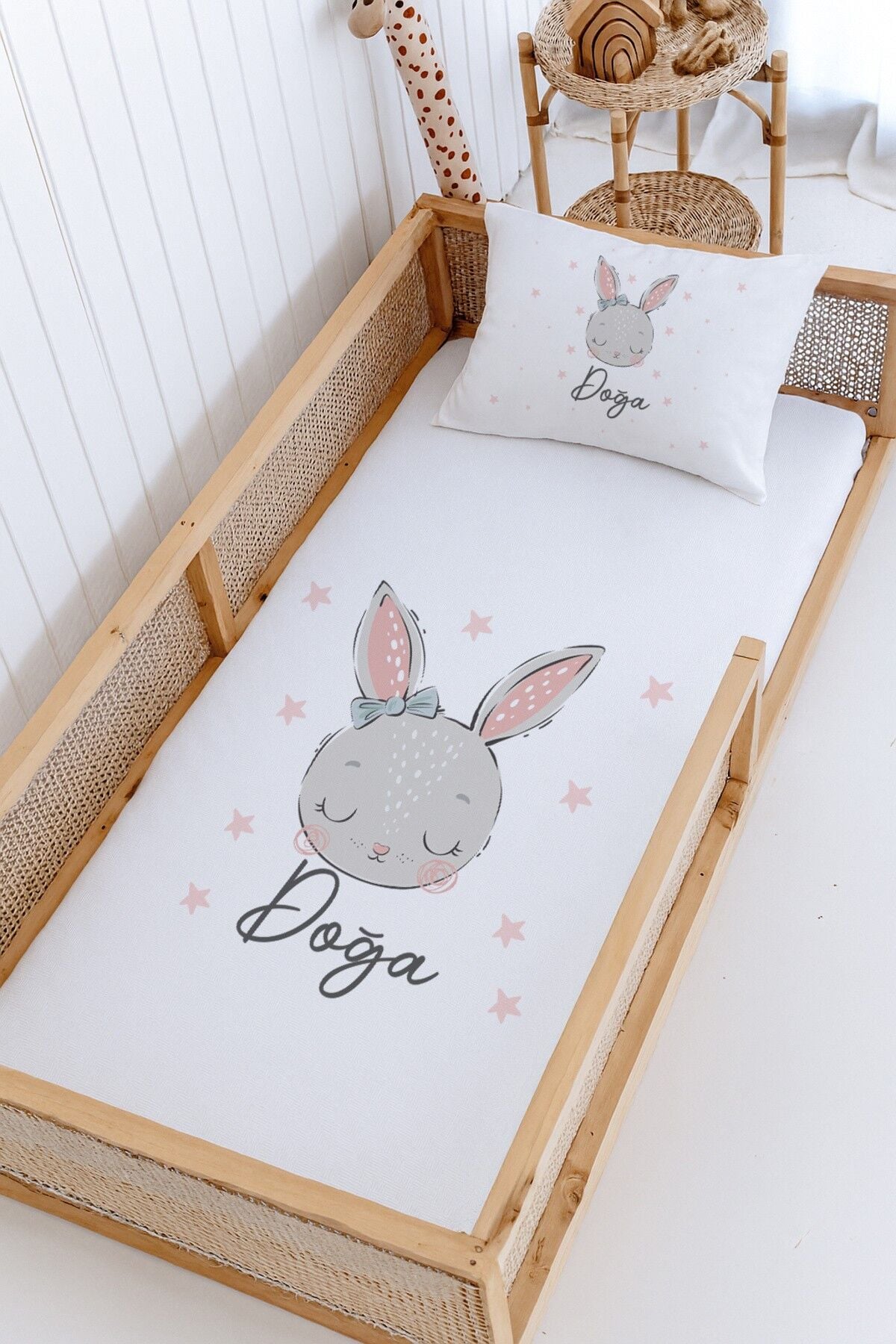 %100 Pamuk İsme Özel Montessori Yatak Pike Seti 100x200 Gri Tavşan