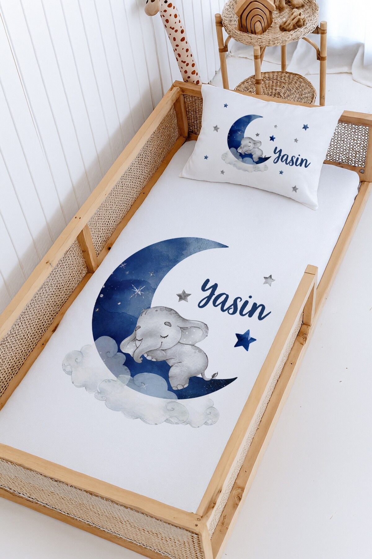 %100 Pamuk İsme Özel Montessori Yatak Pike Seti 100x200 Mavi Fil