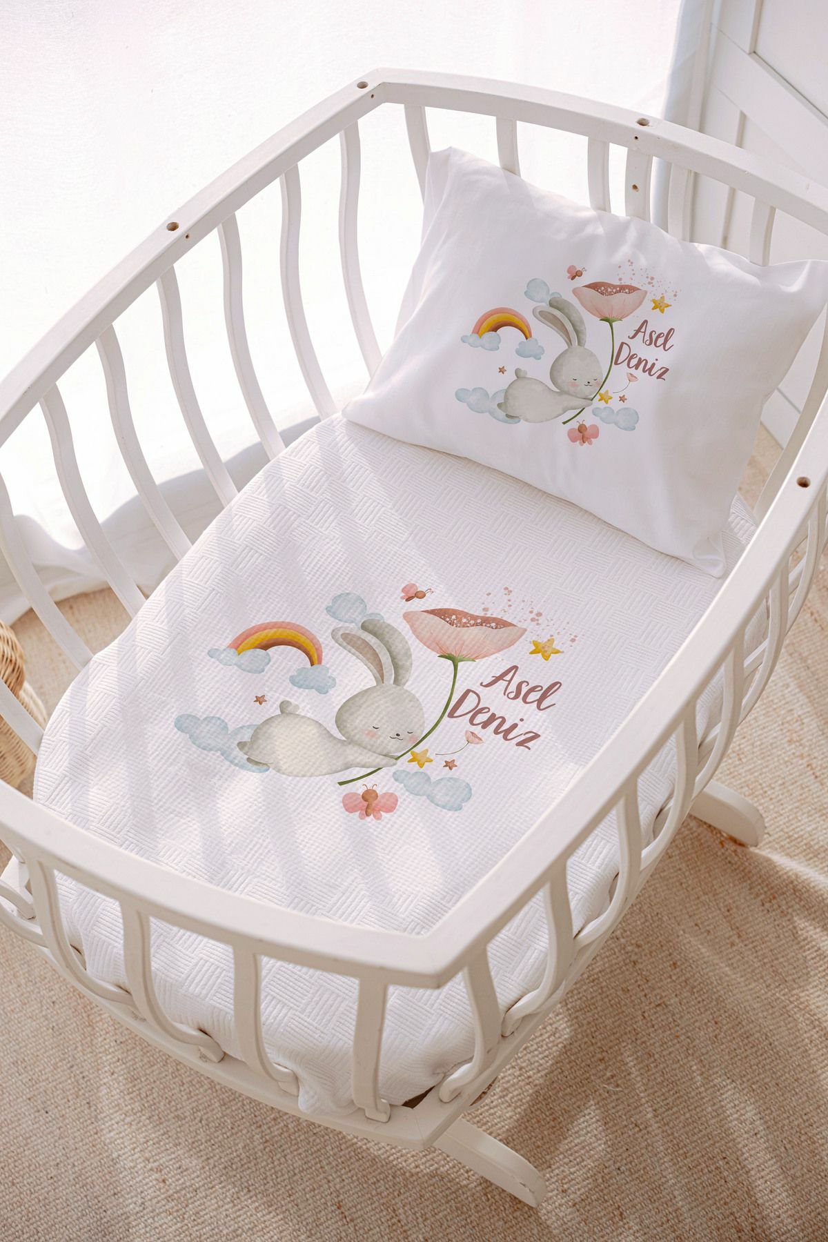 İsme Özel Park Yatak ve Anne Yanı Pike Seti (70x120 cm) Tavşan