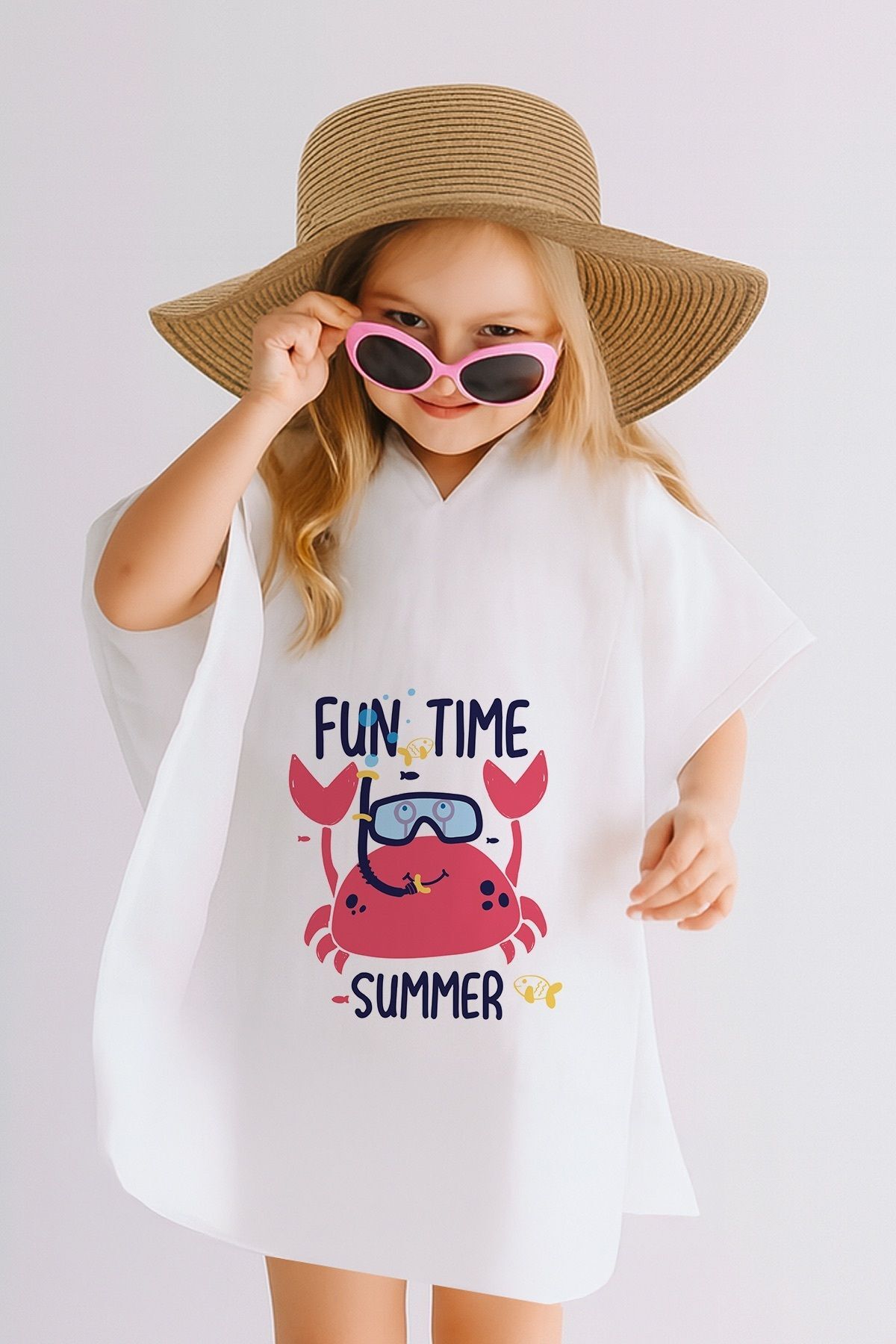 İsme Özel %100 Pamuk Müslin Kapüşonlu Kız Çocuk Panço Bornoz Summer