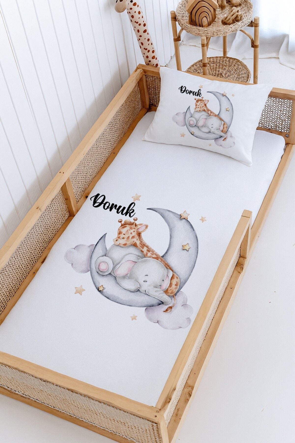 %100 Pamuk İsme Özel Montessori Yatak Pike Seti 100x200 Fil Zürafa