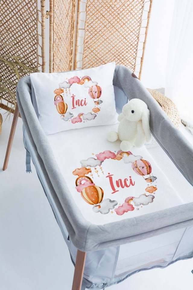 %100 Delux Pamuk İsme Özel 70x120 Park Yatak Nevresim Takımı Balon