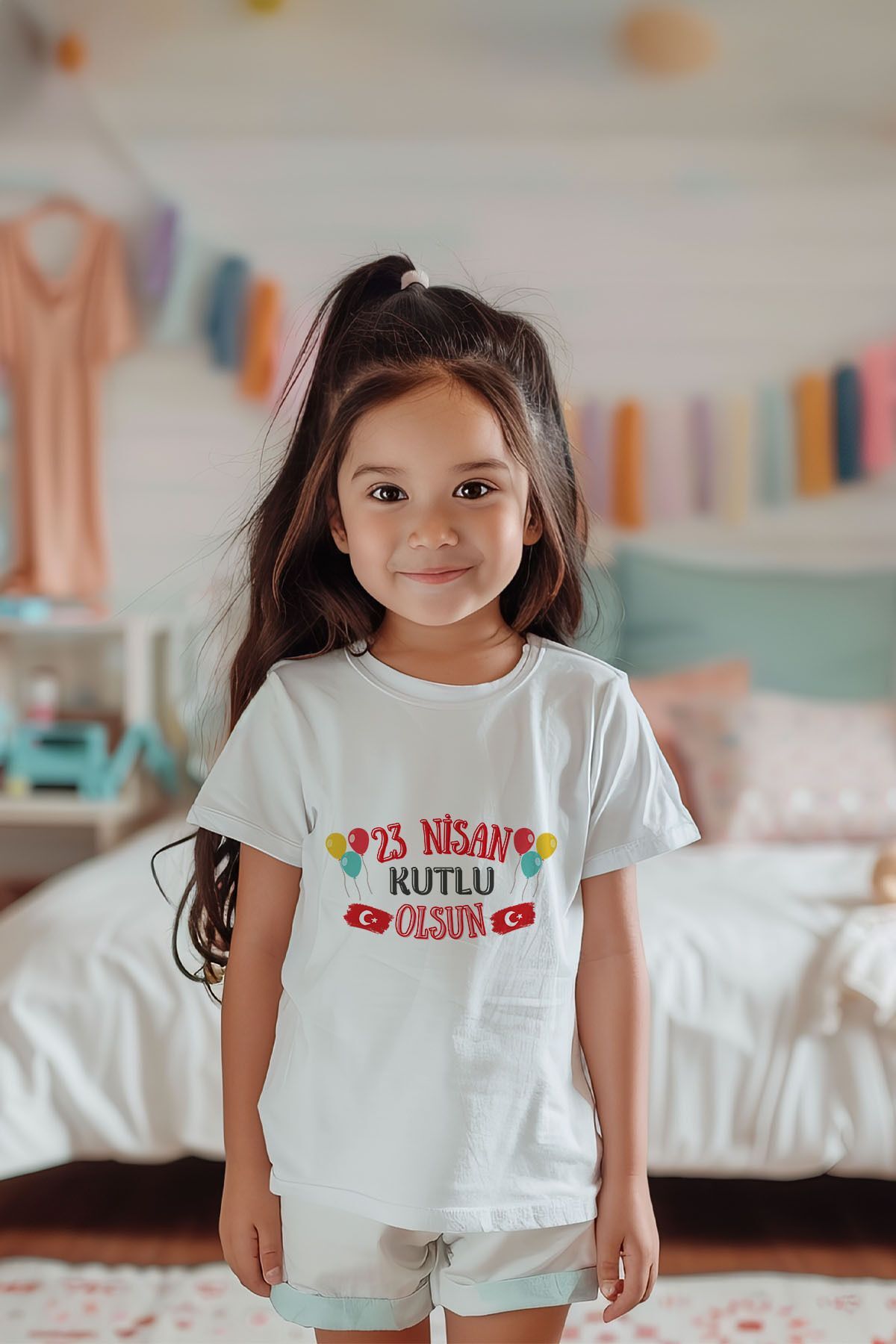 %100 Pamuk Kız Çocuk 23 Nisan Baskılı Kısa Kollu Tişört