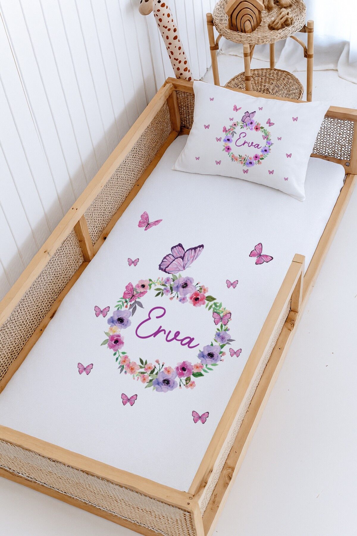 %100 Pamuk İsme Özel Montessori Yatak Pike Seti 100x200 Mor Çember Kelebek