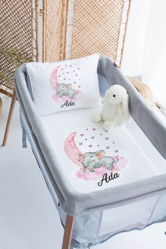 %100 Delux Pamuk İsme Özel 70x120 Park Yatak Nevresim Takımı Fil