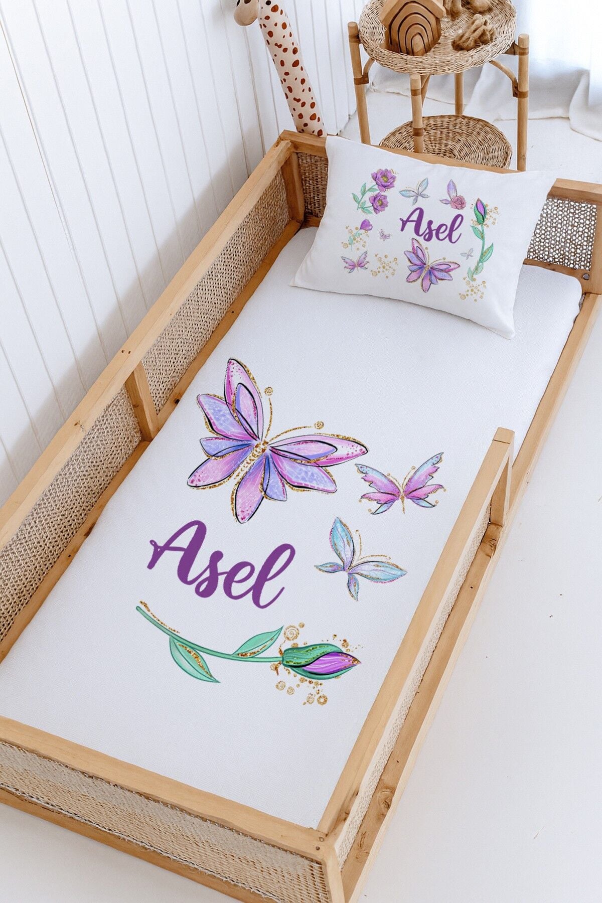 %100 Pamuk İsme Özel Montessori Yatak Pike Seti 100x200 Parıltı Kelebek