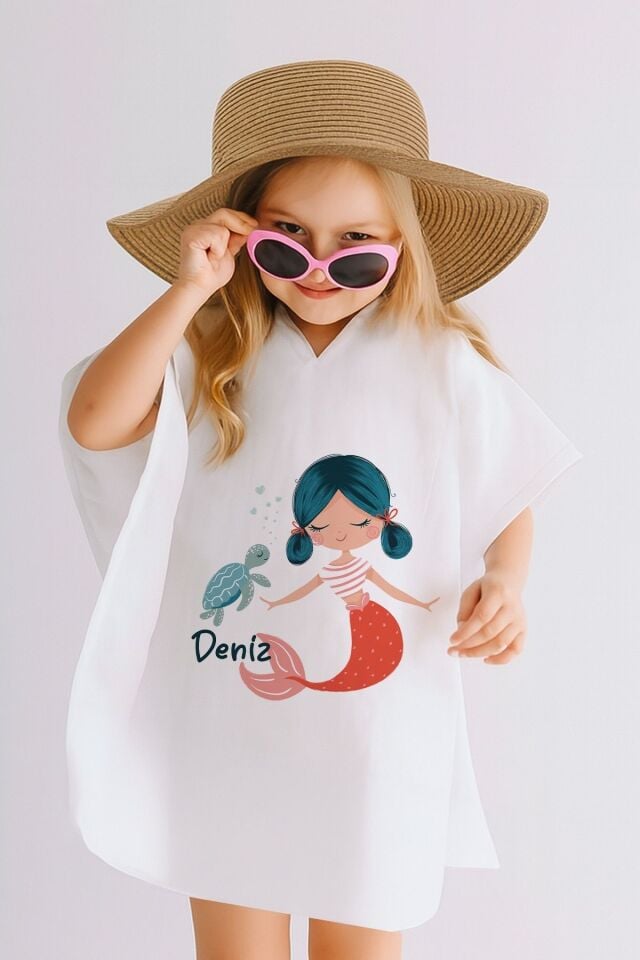 İsme Özel %100 Pamuk Müslin Kapüşonlu Kız Çocuk Panço Bornoz Deniz Kızı