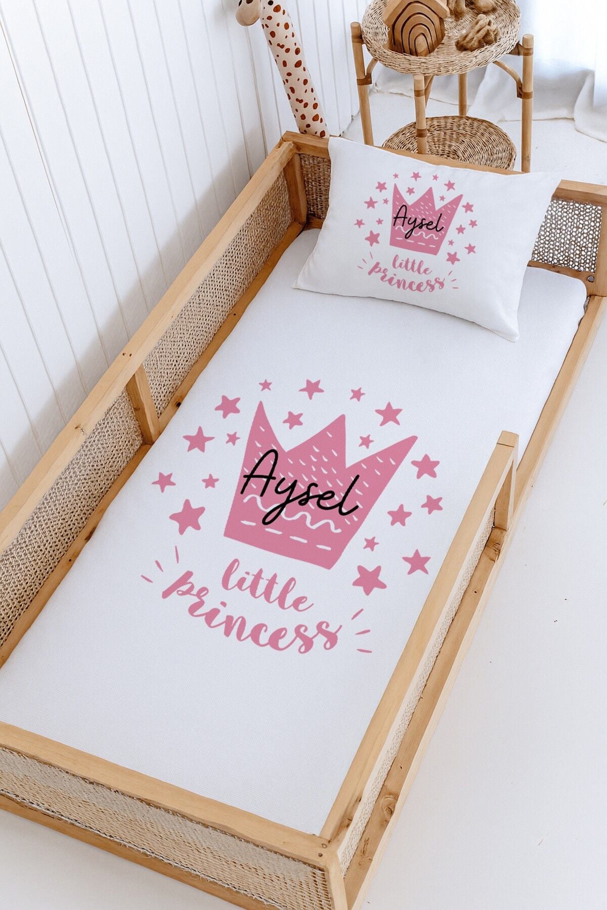%100 Pamuk İsme Özel Montessori Yatak Pike Seti 100x200 Prenses Tacı