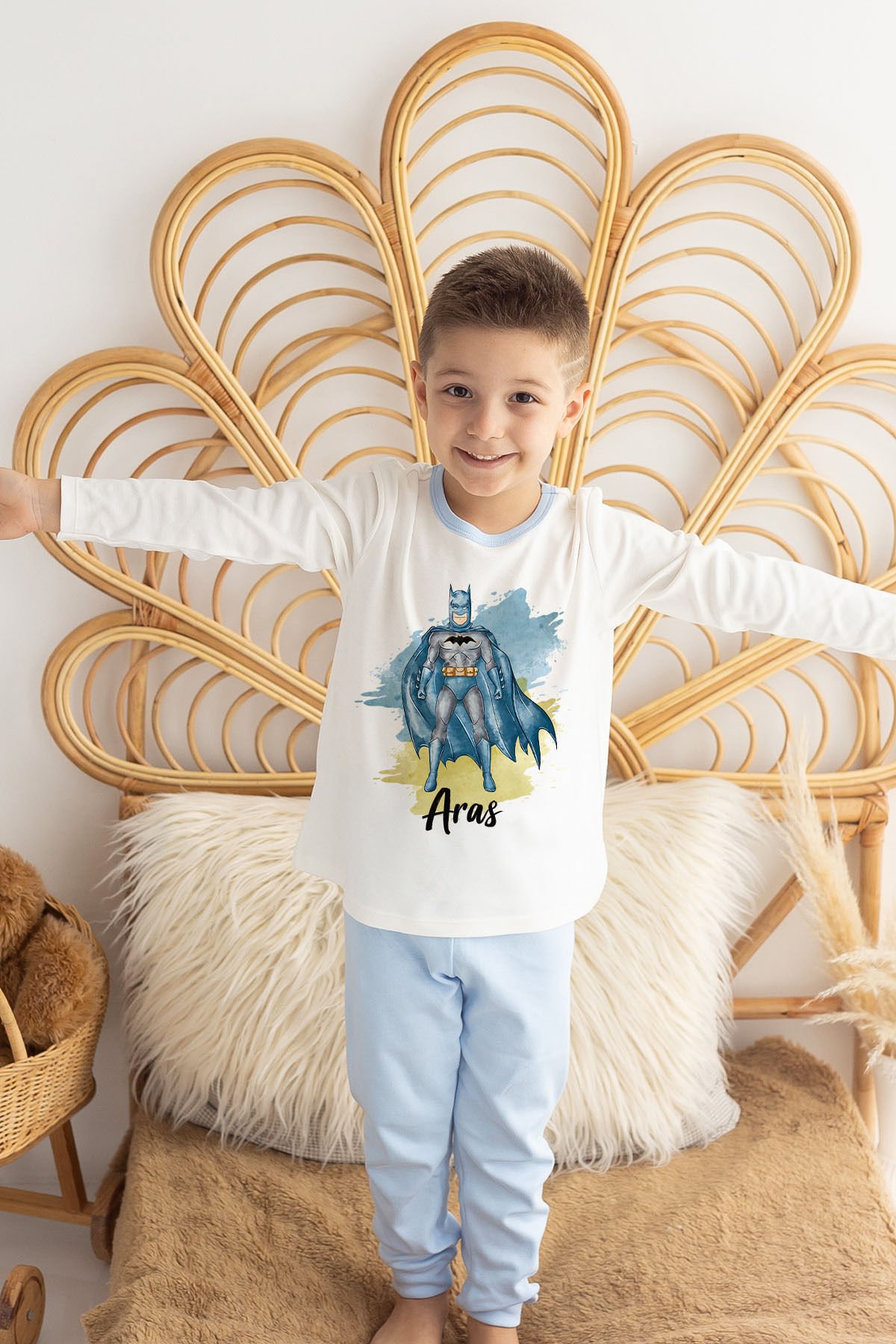 İsme Özel Erkek Çocuk Pijama Takımı %100 Organik Pamuk Mavi - 3-4 Yaş