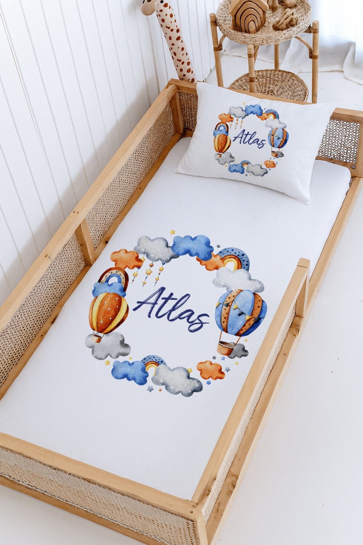 %100 Pamuk İsme Özel Montessori Yatak Pike Seti 100x200 Mavi Balon