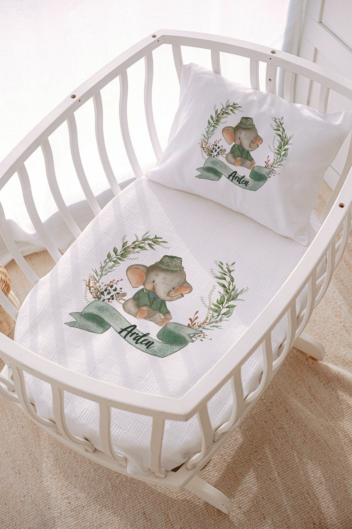 İsme Özel Park Yatak ve Anne Yanı Pike Seti (70x120 cm) Fil