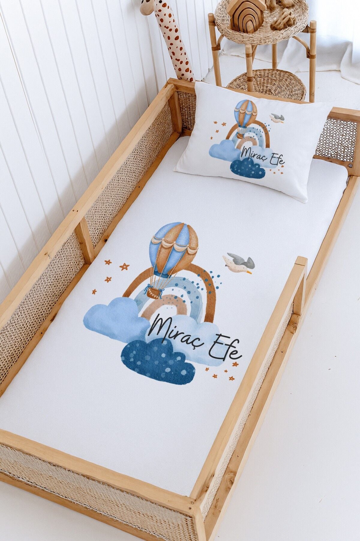 %100 Pamuk İsme Özel Montessori Yatak Pike Seti 100x200 Uçan Balon