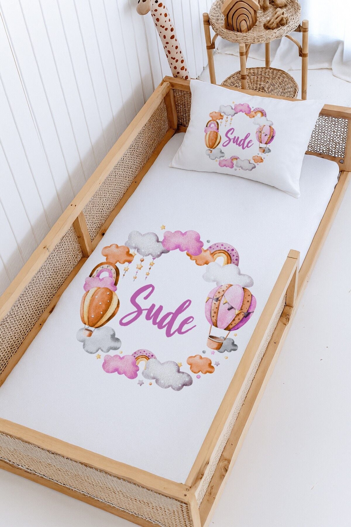 %100 Pamuk İsme Özel Montessori Yatak Pike Seti 100x200 Pembe Balon