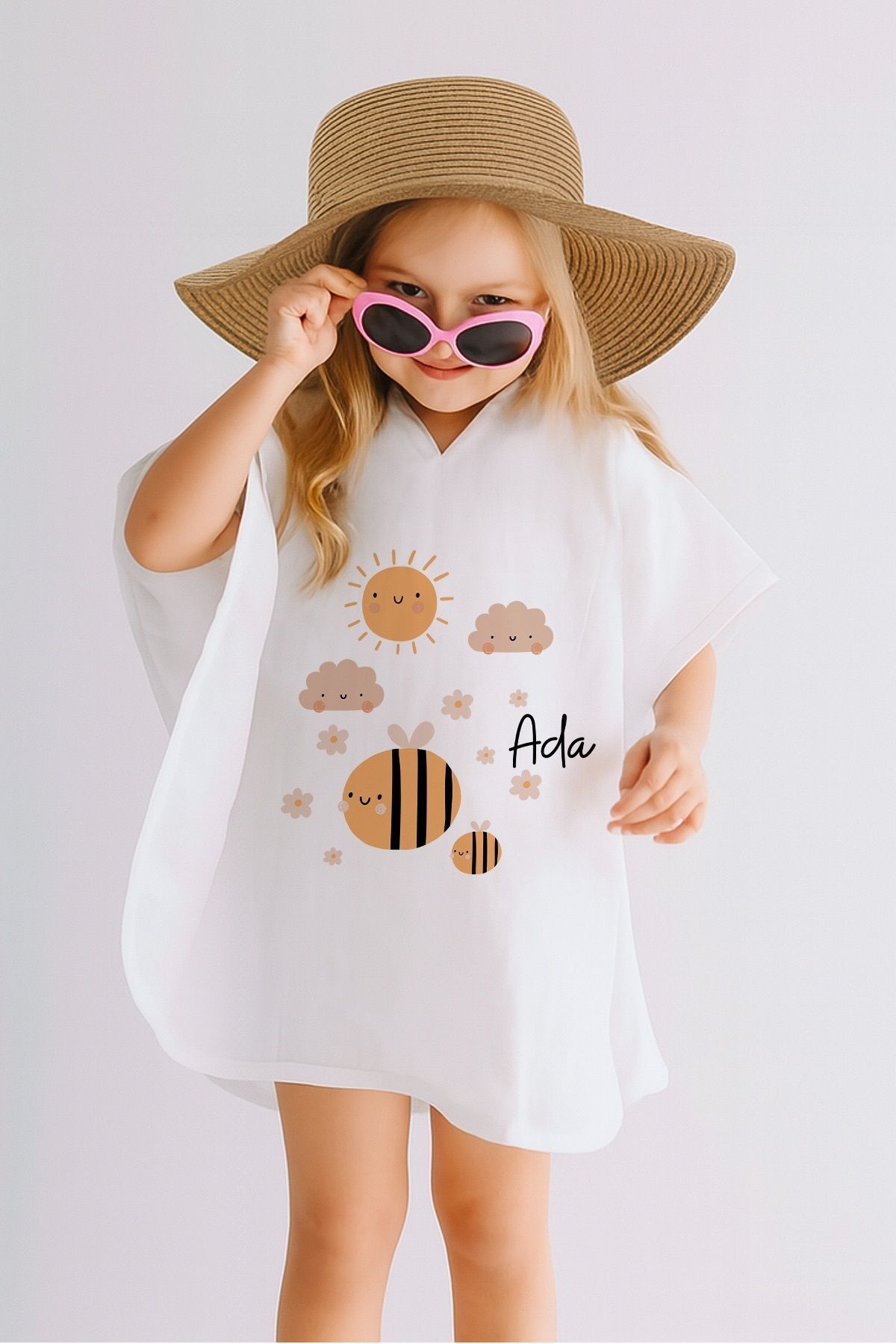 %100 Pamuk Müslin Kapüşonlu Bebek Çocuk Panço Bornoz Bal Arısı