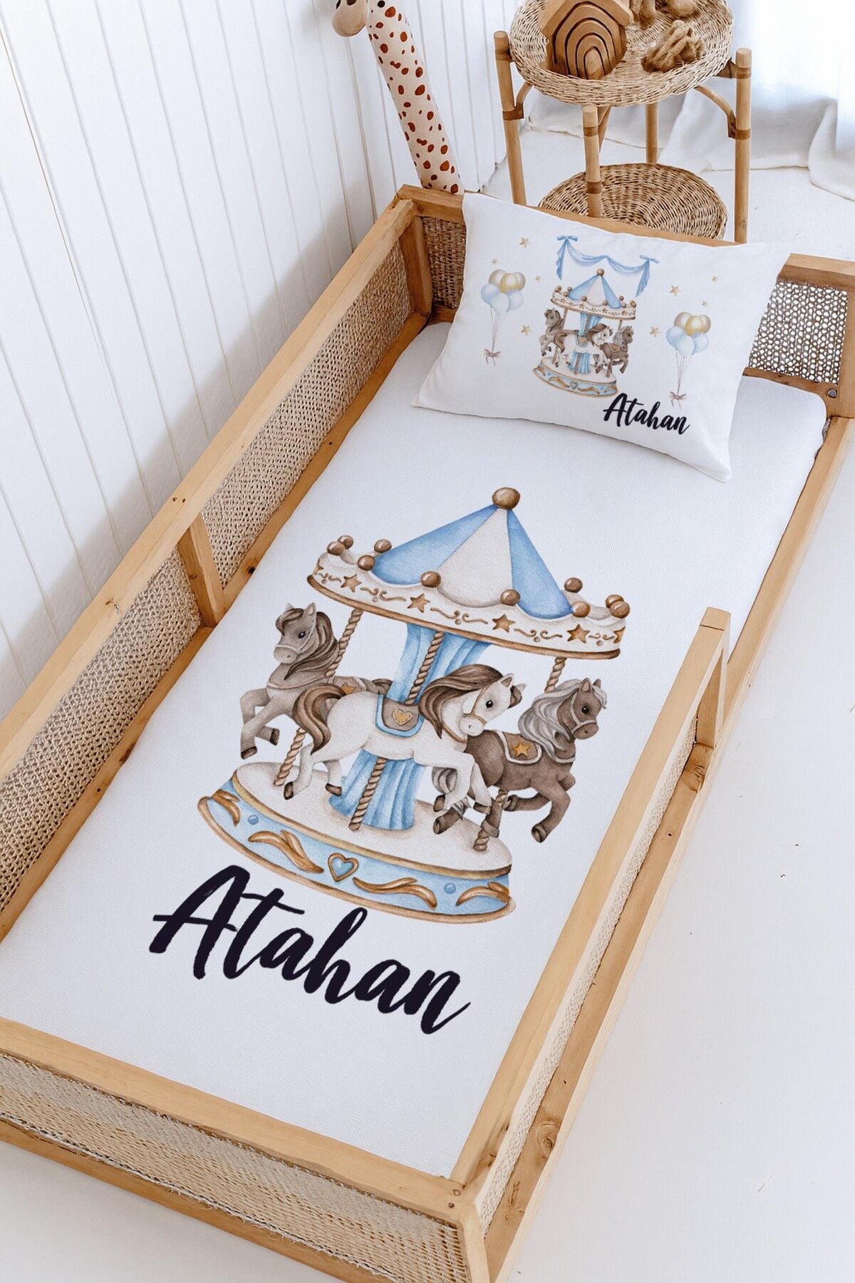 %100 Pamuk İsme Özel Montessori Yatak Pike Seti 100x200 Mavi Atlı Karınca