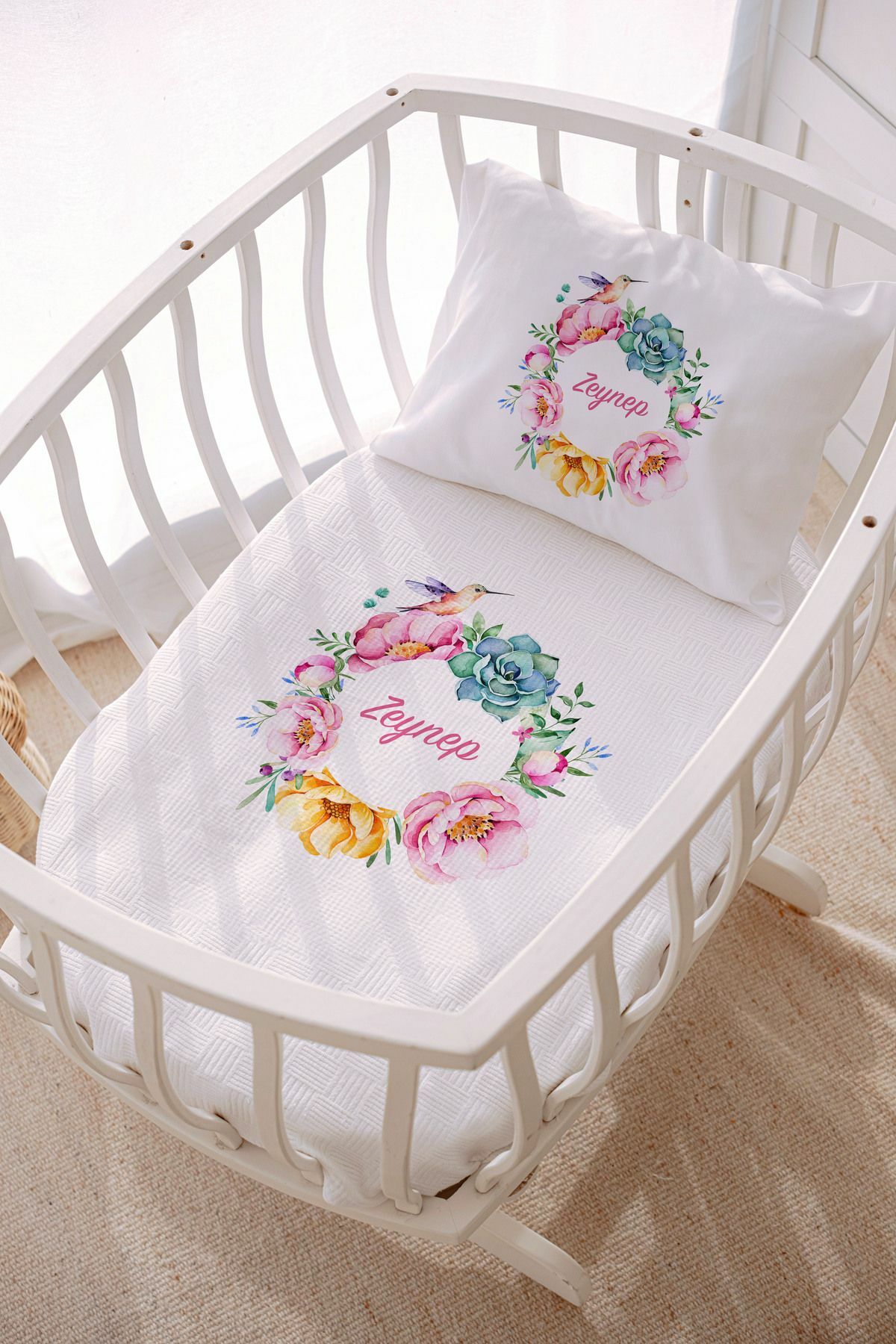 İsme Özel Park Yatak ve Anne Yanı Pike Seti (70x120 cm) Çiçek