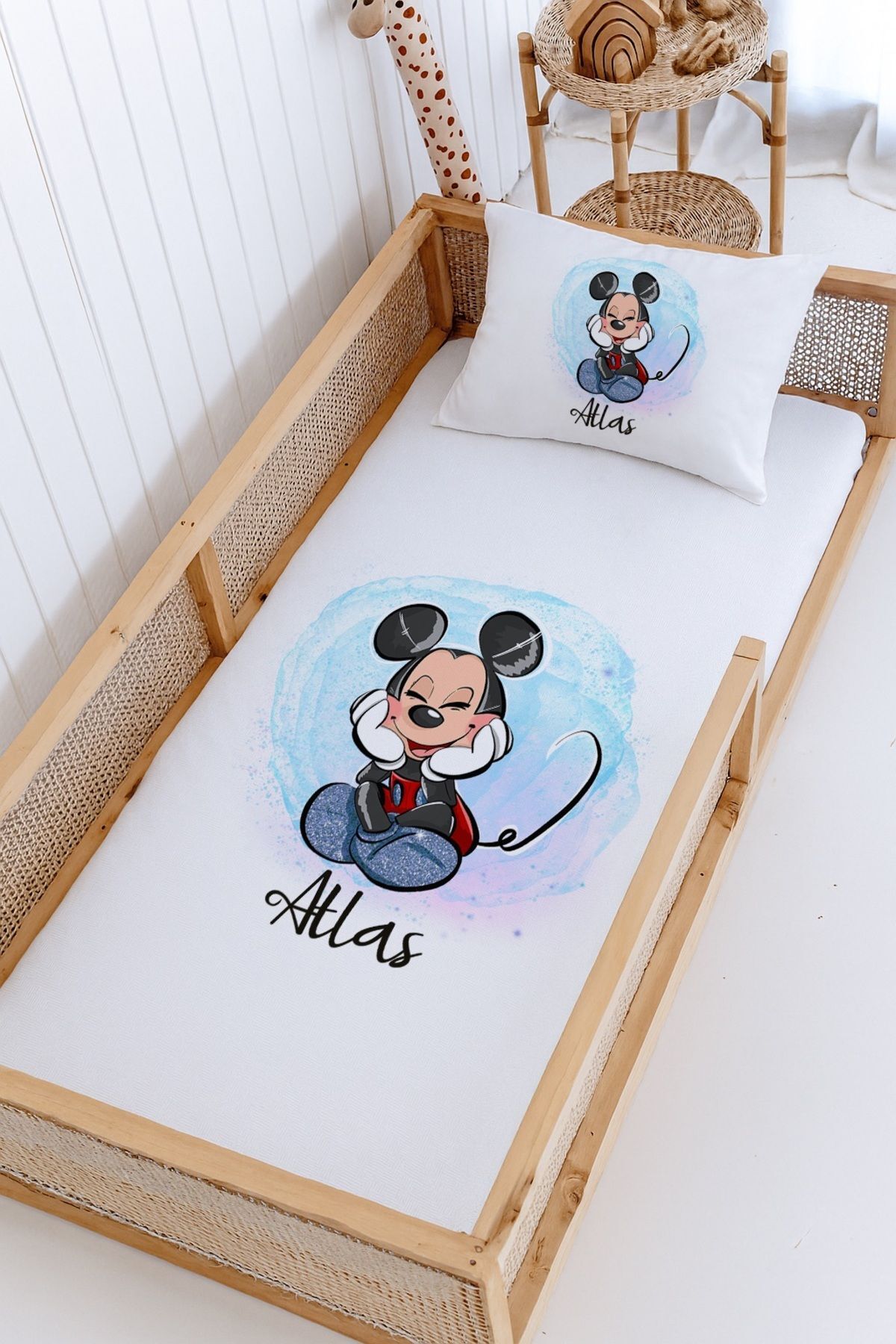 İsme Özel Montessori Yatak Pike Seti (100x200cm) Mickey Mouse