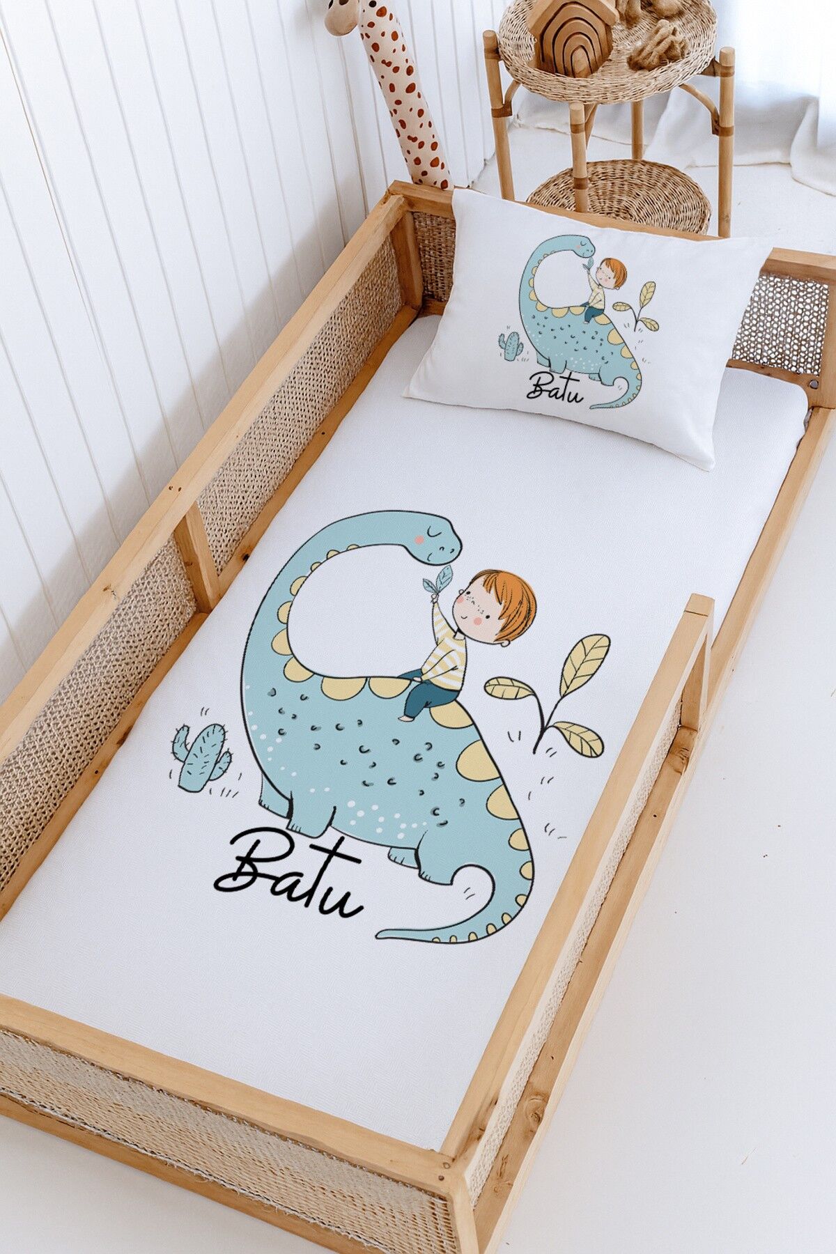 %100 Pamuk İsme Özel Montessori Yatak Pike Seti 100x200 Dinazor