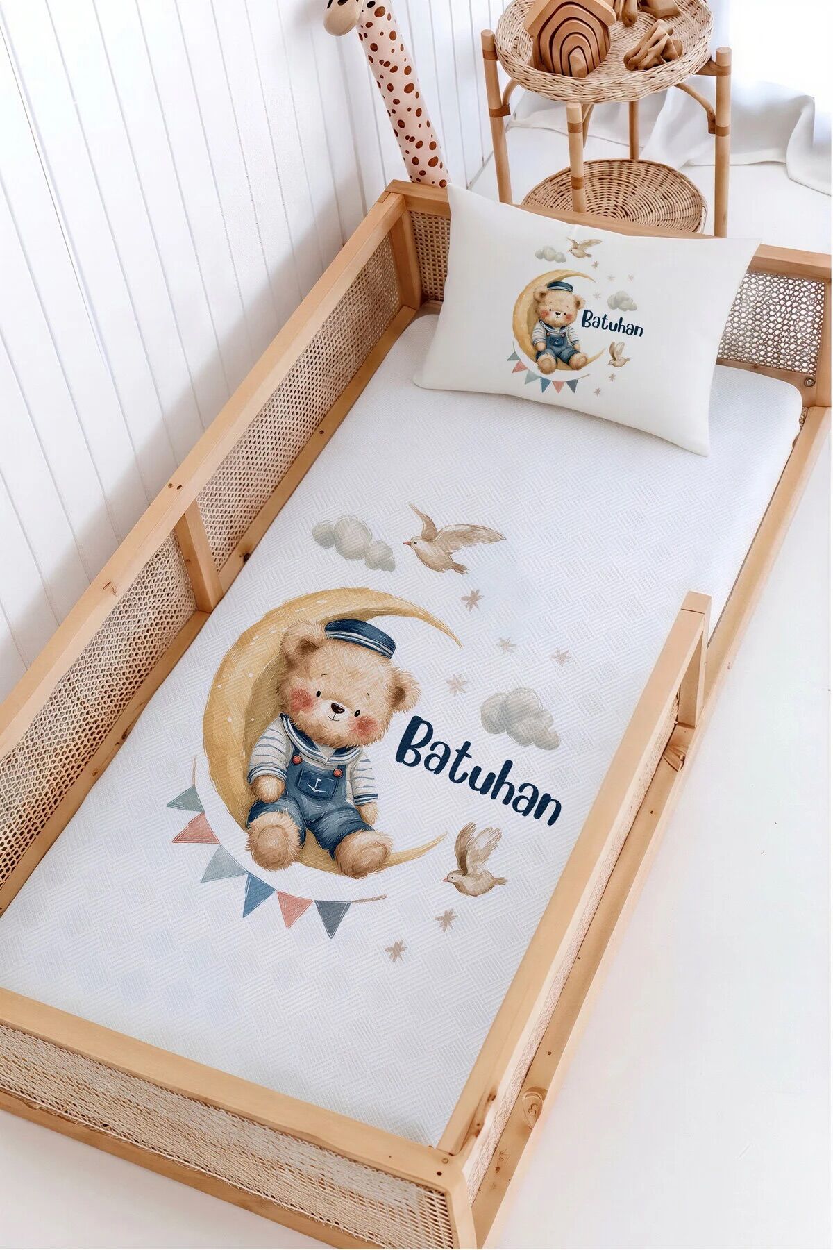 %100 Pamuk İsme Özel Montessori Yatak Pike Seti 100x200 Kaptan Ayıcık