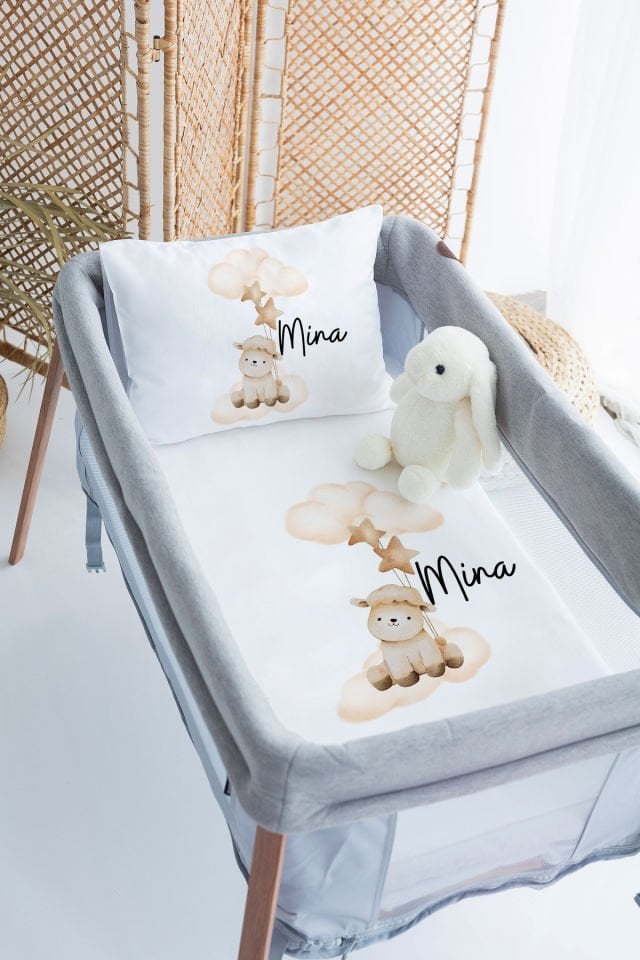 %100 Delux Pamuk İsme Özel 70x120 Park Yatak Nevresim Takımı Kuzu