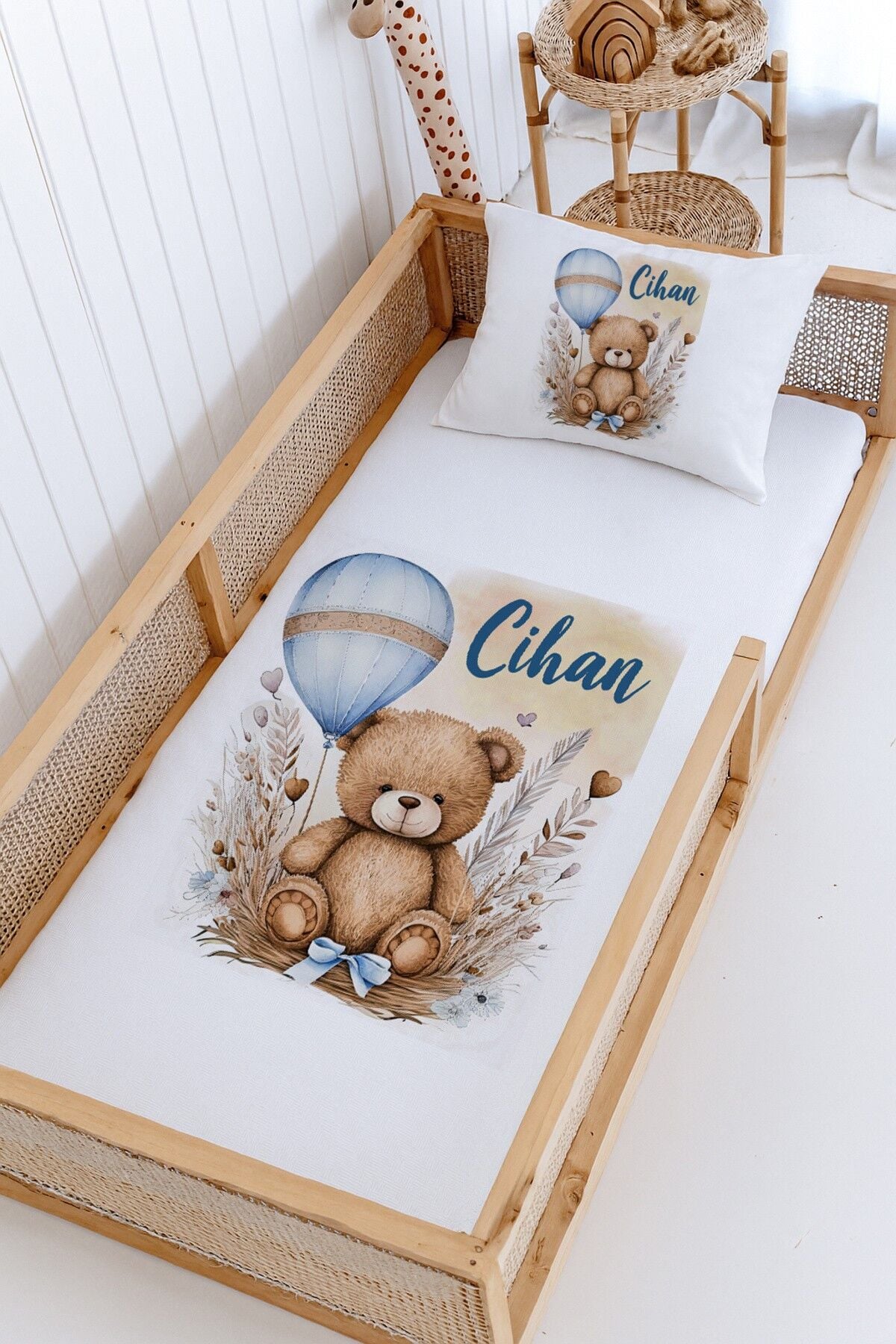 %100 Pamuk İsme Özel Montessori Yatak Pike Seti 100x200 Kahve Ayıcık