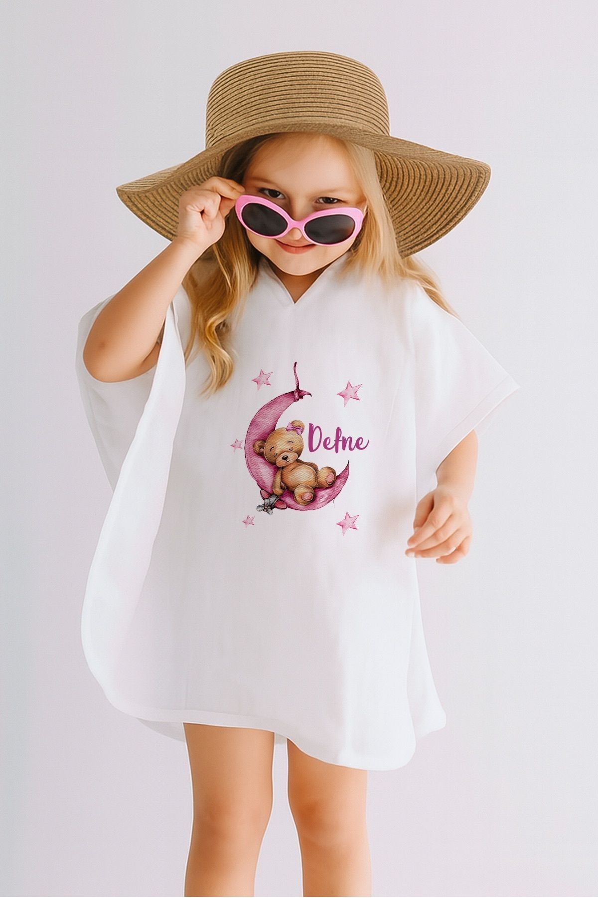 %100 Pamuk Müslin Kapüşonlu Bebek Çocuk Panço Bornoz Ayıcık