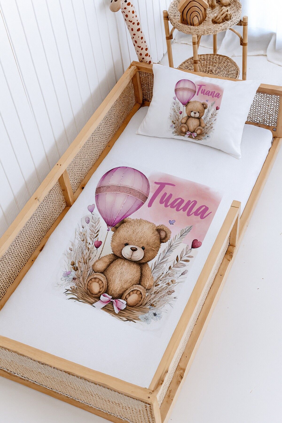 %100 Pamuk İsme Özel Montessori Yatak Pike Seti 100x200 Pembe Ayıcık