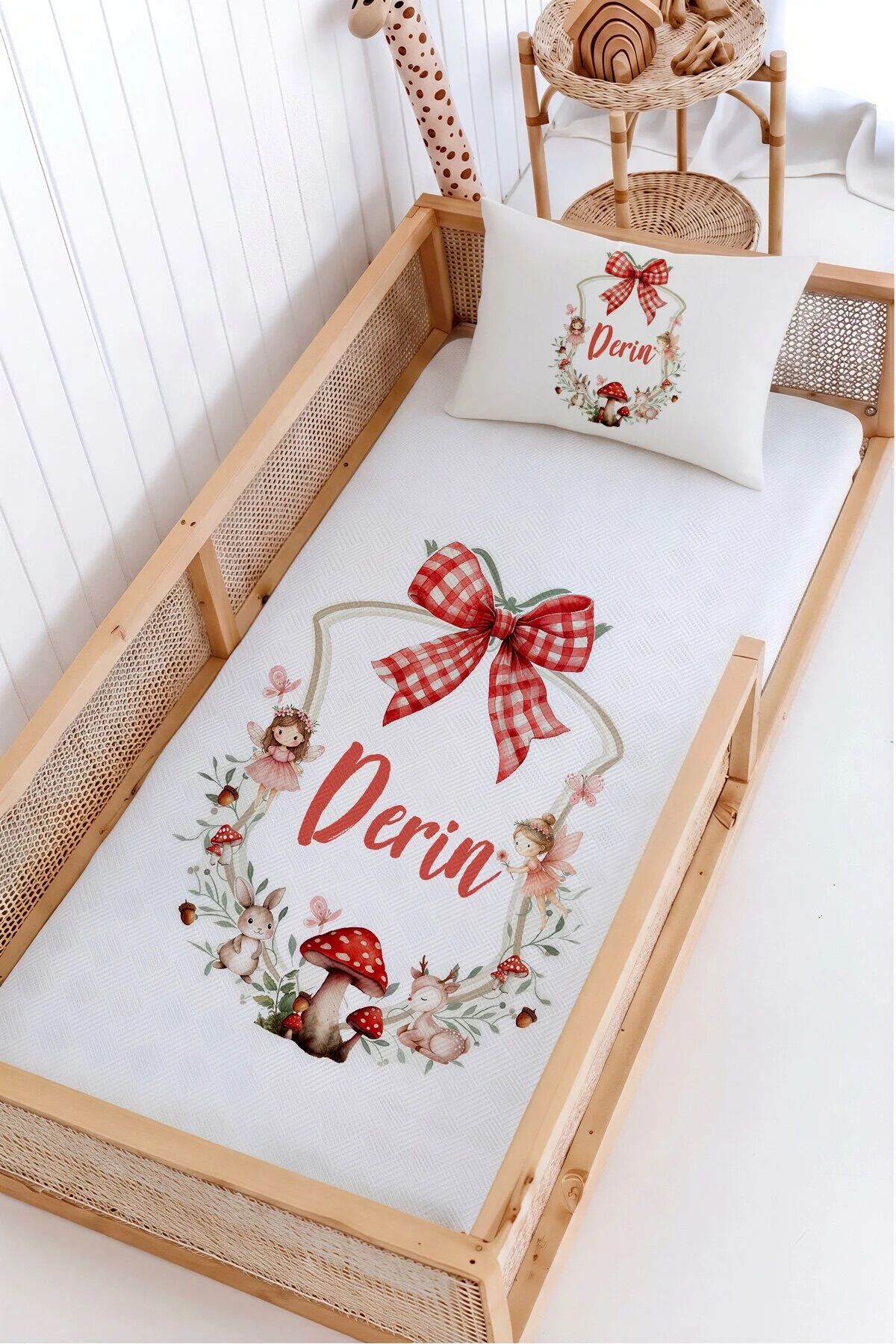 %100 Pamuk İsme Özel Montessori Yatak Pike Seti 100x200 Ormandaki Peri
